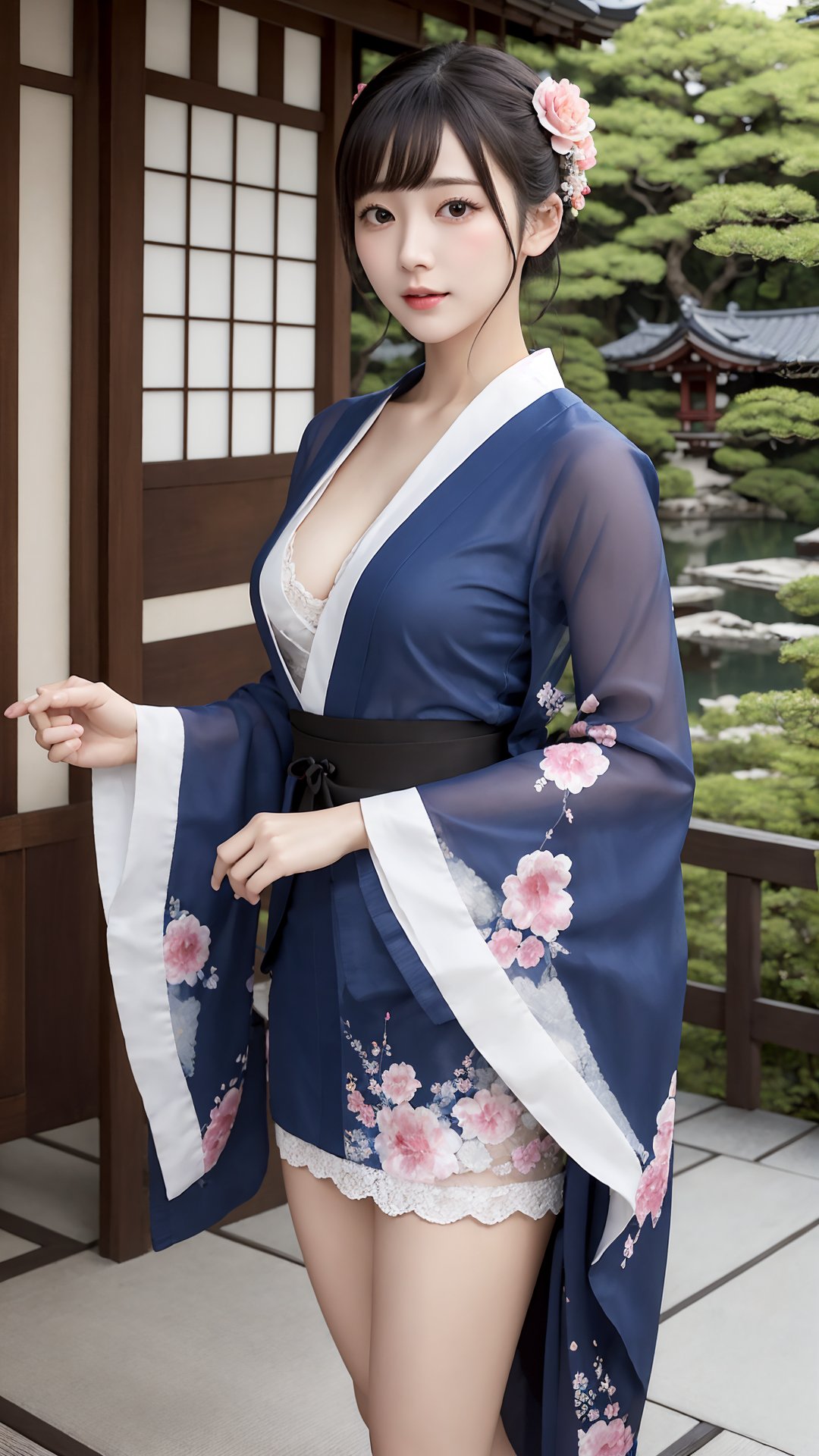 (best quality,masterpiece:1.2),ultra detailed,(photo realistic:1.4),solo,cute girl,japanese garden,from below,see-through_kimono