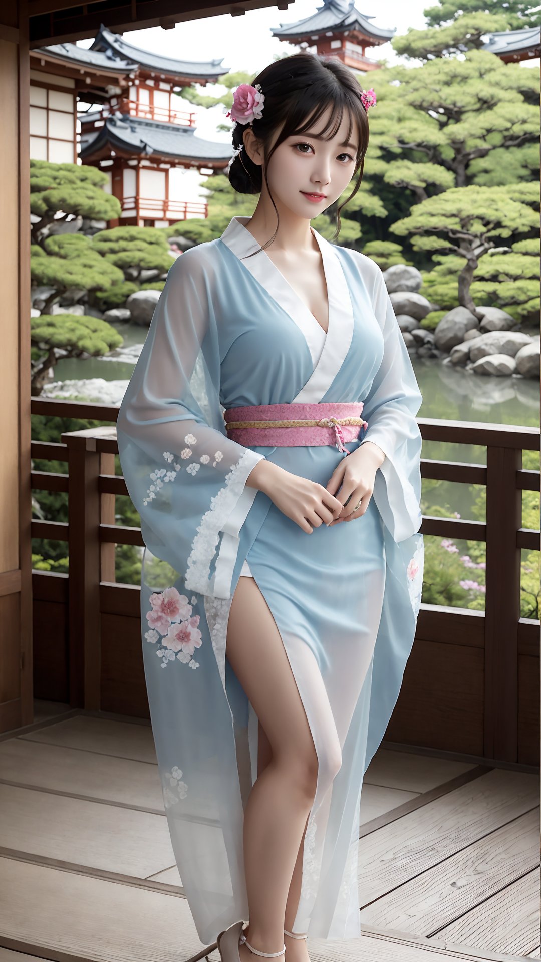 (best quality,masterpiece:1.2),ultra detailed,(photo realistic:1.4),solo,cute girl,japanese garden,from below,see-through_kimono