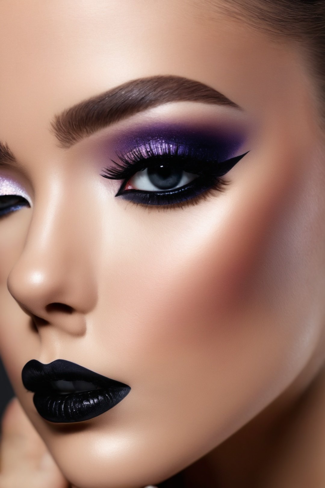 beautiful woman, makeup, detailed eyes, close-up of black lipstick, portrait, photorealistic, 8k, high-resolution, ultra-detailed, professional lighting, perfect skin, stunning features, intense gaze, intricate eyelashes, flawless complexion, vibrant colors, dramatic shadows, glossy finish