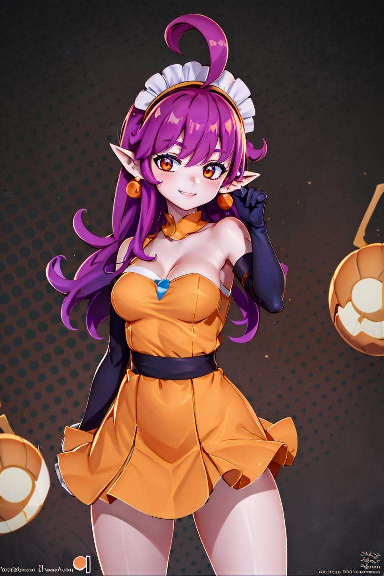 ((masterpiece,best quality)), absurdres, <lora:Stardust_Pumpkins_Citron_OC_Anime:0.6>, Stardust_Pumpkins_Citron_OC,  1girl, solo, long purple hair,  orange eyes, ahoge, pointy ears, orange dress, elbow gloves, bare shoulders, maid headdress, jewelry, earrings,  solo, smiling, looking at viewer, cowboy shot,  cinematic composition,  , contrapposto,
