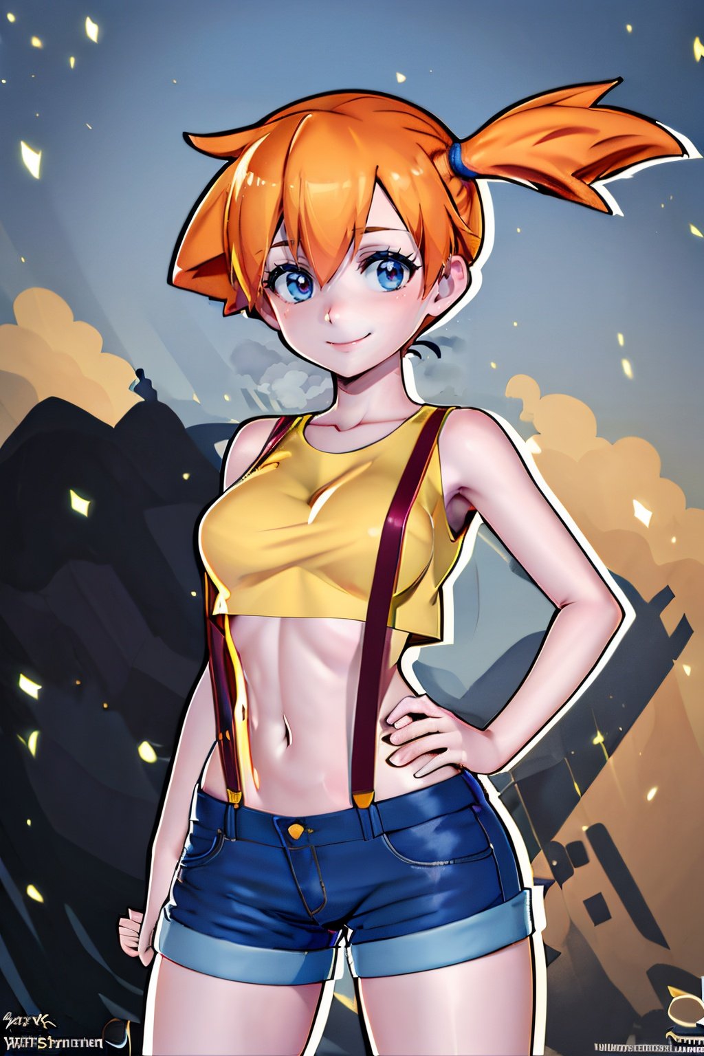((masterpiece,best quality)), absurdres, black outline, Misty_Pokemon, yellow crop top, suspenders, side ponytail, orange hair, denim shorts,solo, smiling, blushing, looking at viewer, cowboy shot, cinematic composition, contrapposto,