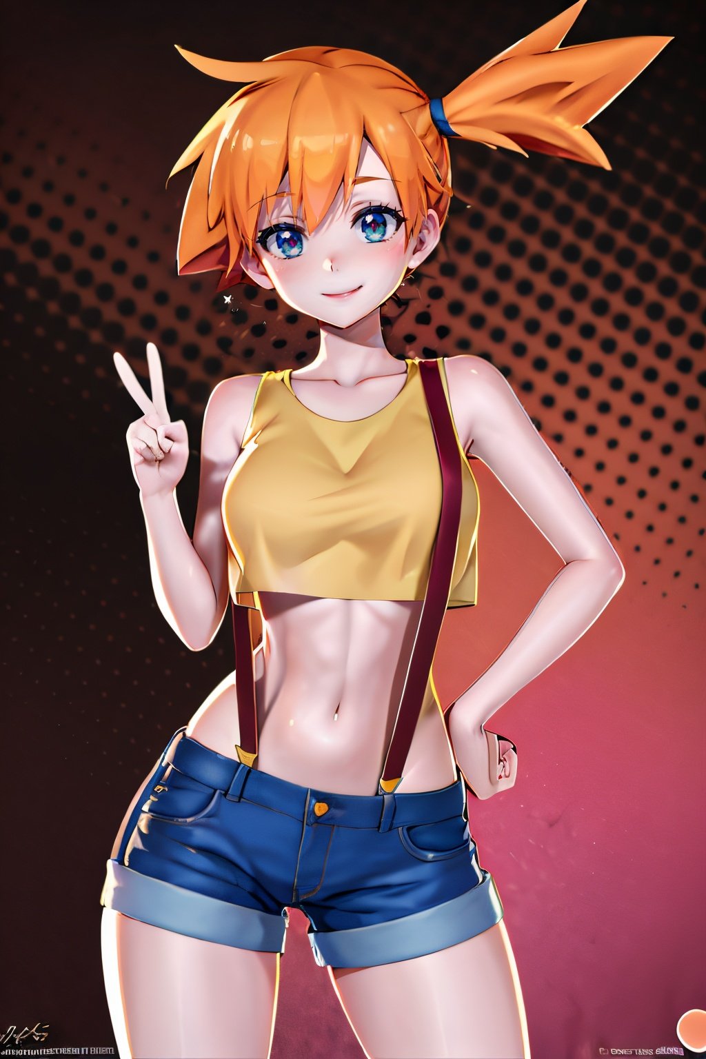 ((masterpiece,best quality)), absurdres,, Misty_Pokemon, yellow crop top, suspenders, side ponytail, orange hair, denim shorts,solo, smiling, blushing, looking at viewer, cowboy shot,  peace sign,cinematic composition, contrapposto,