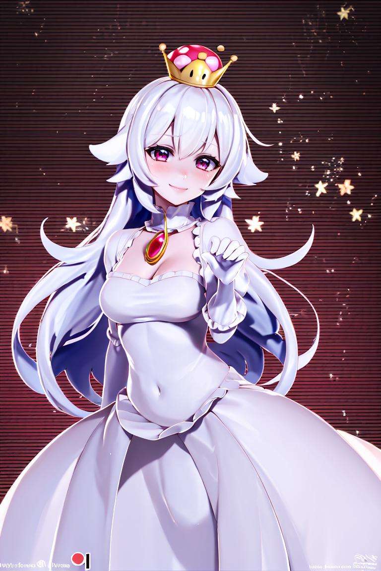 ((masterpiece,best quality)), absurdres, <lora:Boosette_Mario_Anime:0.7>, Boosette_Mario, 1girl, long hair, white hair, long white dress, ballroom dress, white gloves,  solo, smiling, blushing, looking at viewer, cowboy shot,  cinematic composition,