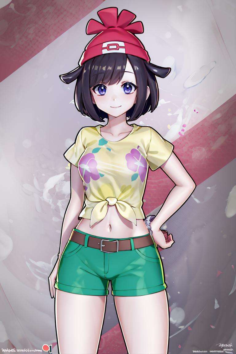 ((masterpiece,best quality)), absurdres,  <lora:selene_(pokemon)_v1:0.7>,  selene \(pokemon\), solo, grey eyes, black hair, green shorts, red headwear, beanie, shirt, tied shirt, floral print, short hair, short sleeves, short shorts, striped, yellow shirt, belt, midriff,  solo, smiling, looking at viewer, cowboy shot,  cinematic composition, contrapposto,