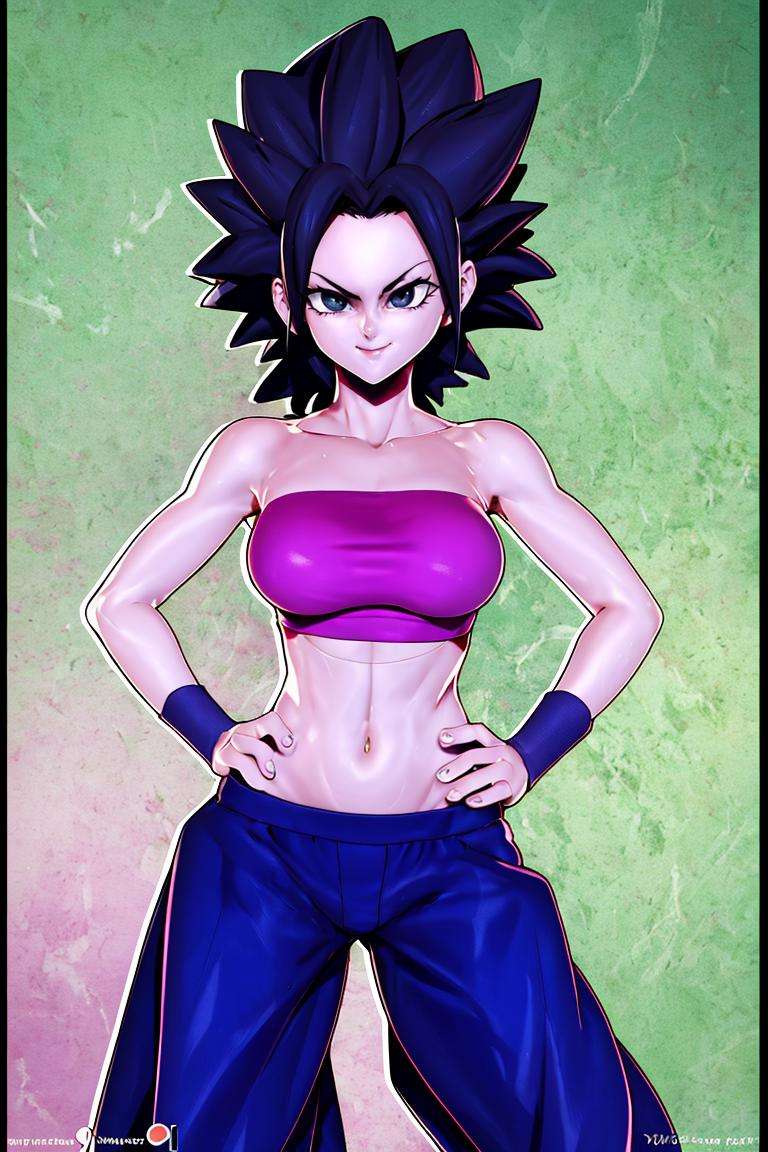 ((masterpiece,best quality)), absurdres, <lora:Caulifla_DB:0.7>, Caulifla_DB, bare shoulders, midriff, baggy pants, solo, smiling, looking at viewer, cowboy shot, cinematic composition, contrapposto, hands on hips, 