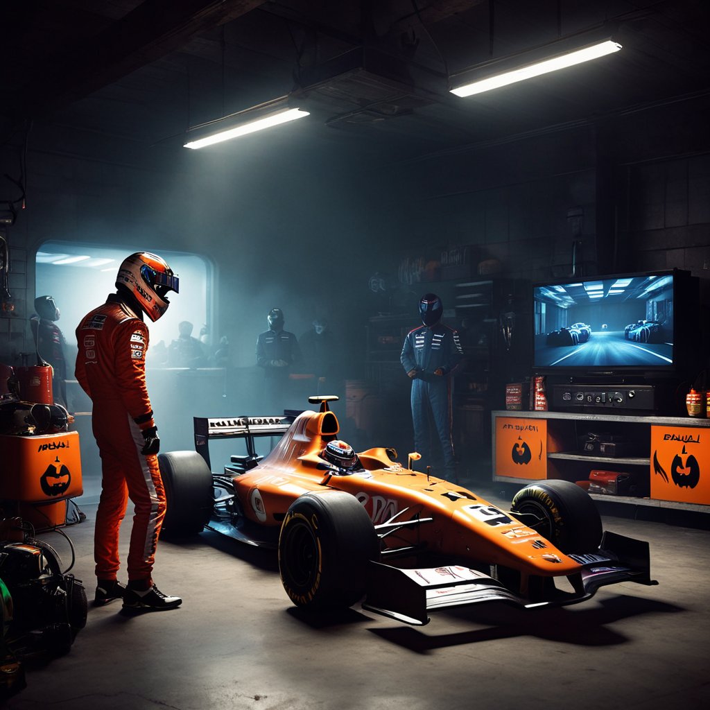 Get into the Halloween spirit as an F1 driver, donned in a racing suit, takes a spooky pit stop in their dimly lit F1 garage. They sit beside their high-speed machine, watching a hauntingly thrilling horror movie on a vintage TV screen, the flickering light casting eerie shadows across the cold, metallic surroundings, making for a chilling and unexpected break from the race track