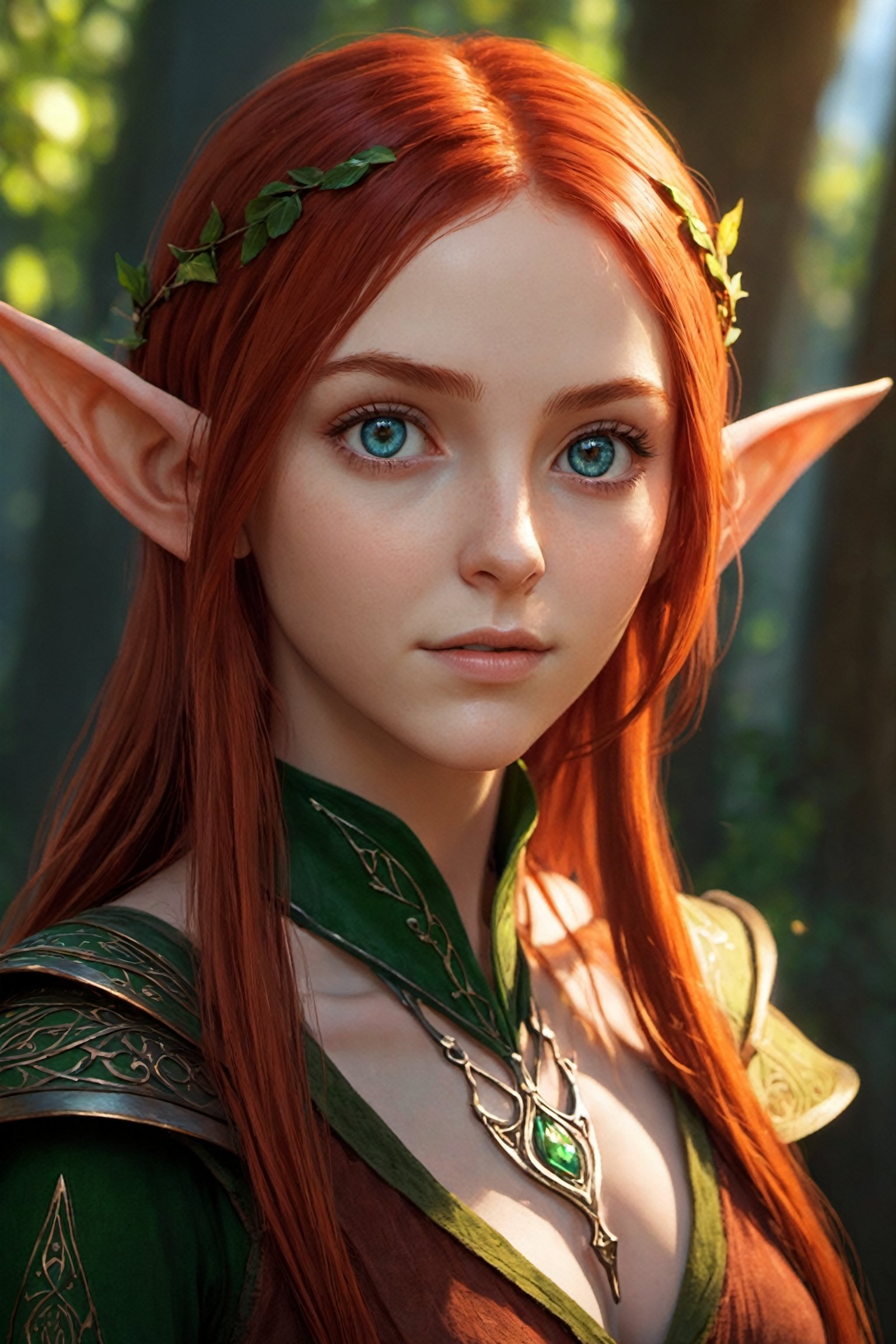 1girl, 18 y.o elven_woman, perfect eyes,  red hair, asymmetrical hair, looks at viewer, cinematic shot, hard shadows, lskimpy, high quality photography, cinematic effect, lens flare, fractual art, 4k, hdr, smooth, sharp focus, high resolution,