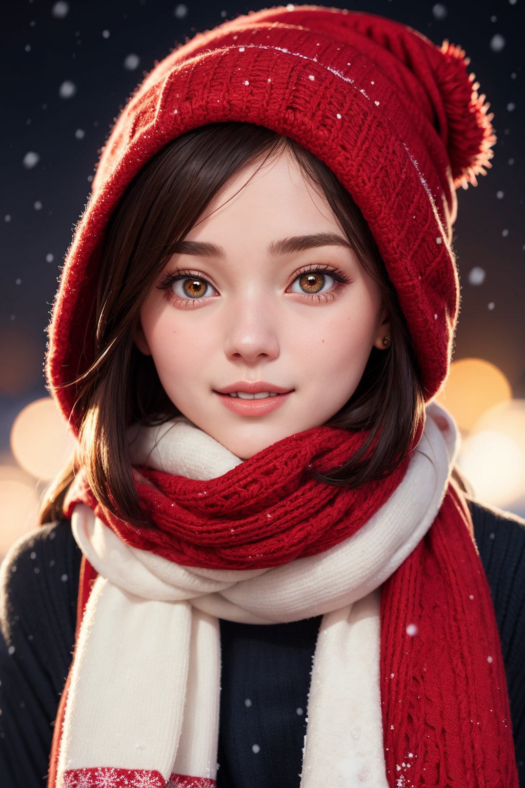 a cute girl in a red hat and scarf, pretty face, snowfall in the background, bright night, detailed hyper realistic