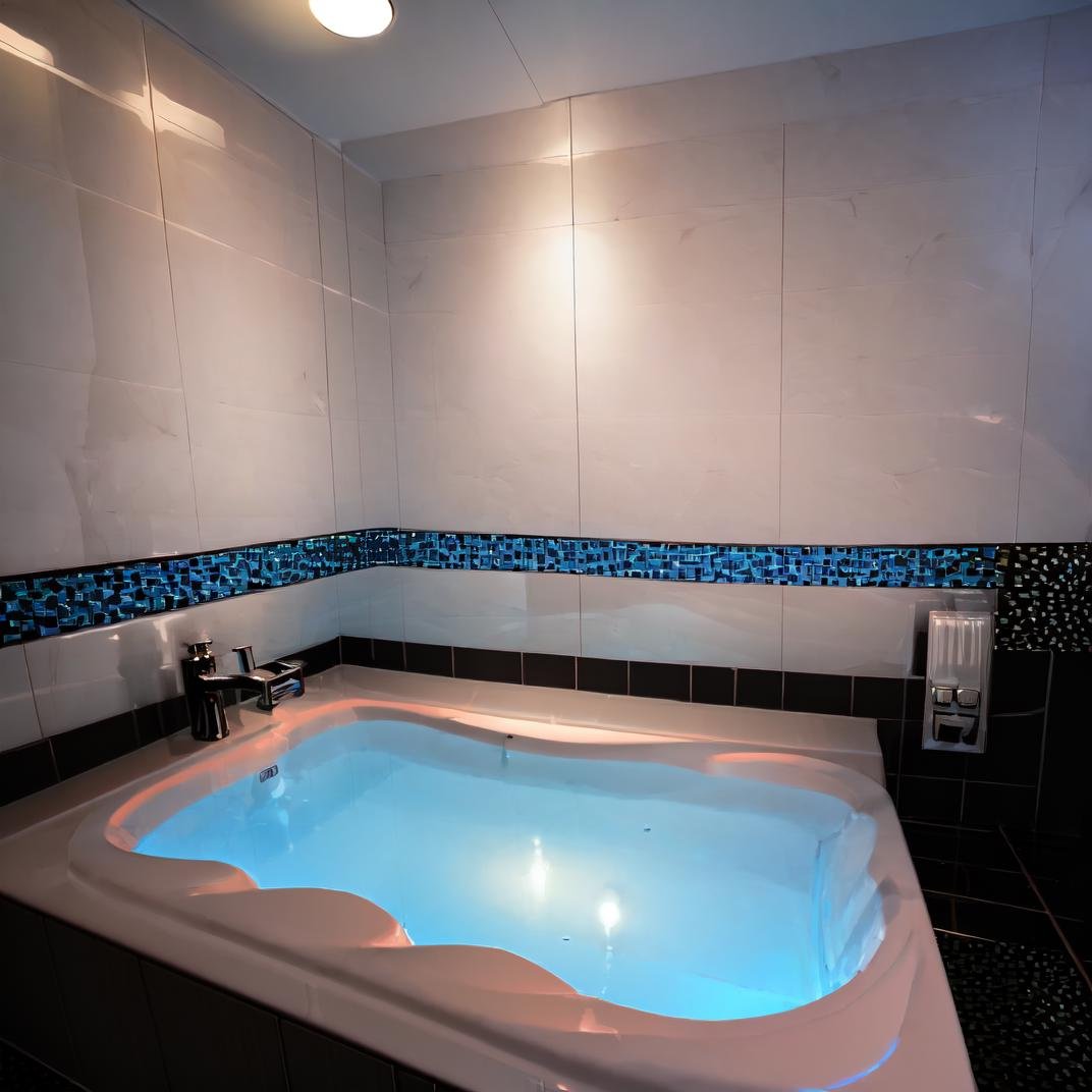 best quality, ultra-detailed, illustration,LHbathroom, sink, bathtub, bathroom, indoors, tile wall, tiles, bath, faucet, realistic, blue theme,  <lora:LoveHotel_Bathroom_SD15_V3:1> <lora:hotarutonedown_v100:1>