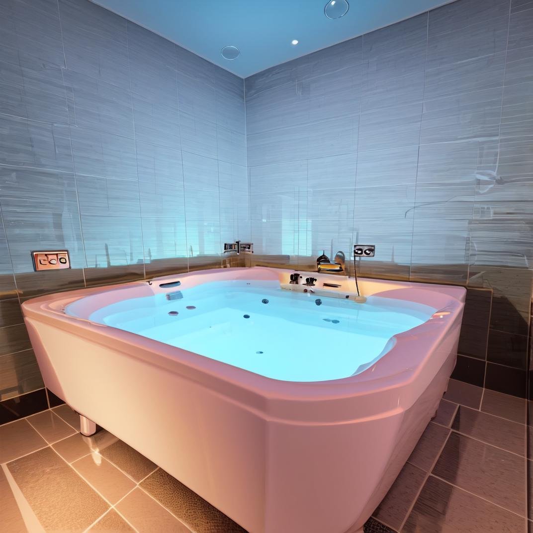 best quality, ultra-detailed, illustration,LHbathroom, sink, bathtub, bathroom, indoors, tile wall, tiles, bath, faucet, realistic, purple theme,  <lora:LoveHotel_Bathroom_SD15_V3:1>