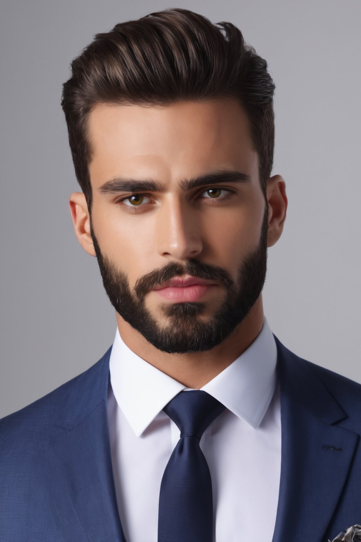 (best quality,4k,8k,highres,masterpiece:1.2),ultra-detailed,(realistic,photorealistic,photo-realistic:1.37),portrait,stylish man,full beard,piercing eyes,perfectly groomed mustache,sleek hairstyle,sharp suit,crisp white shirt,fine-tailored blazer,expensive wristwatch,sophisticated tie,silver cufflinks,confident expression,well-defined jawline,intense gaze,dramatic lighting,vivid colors.
