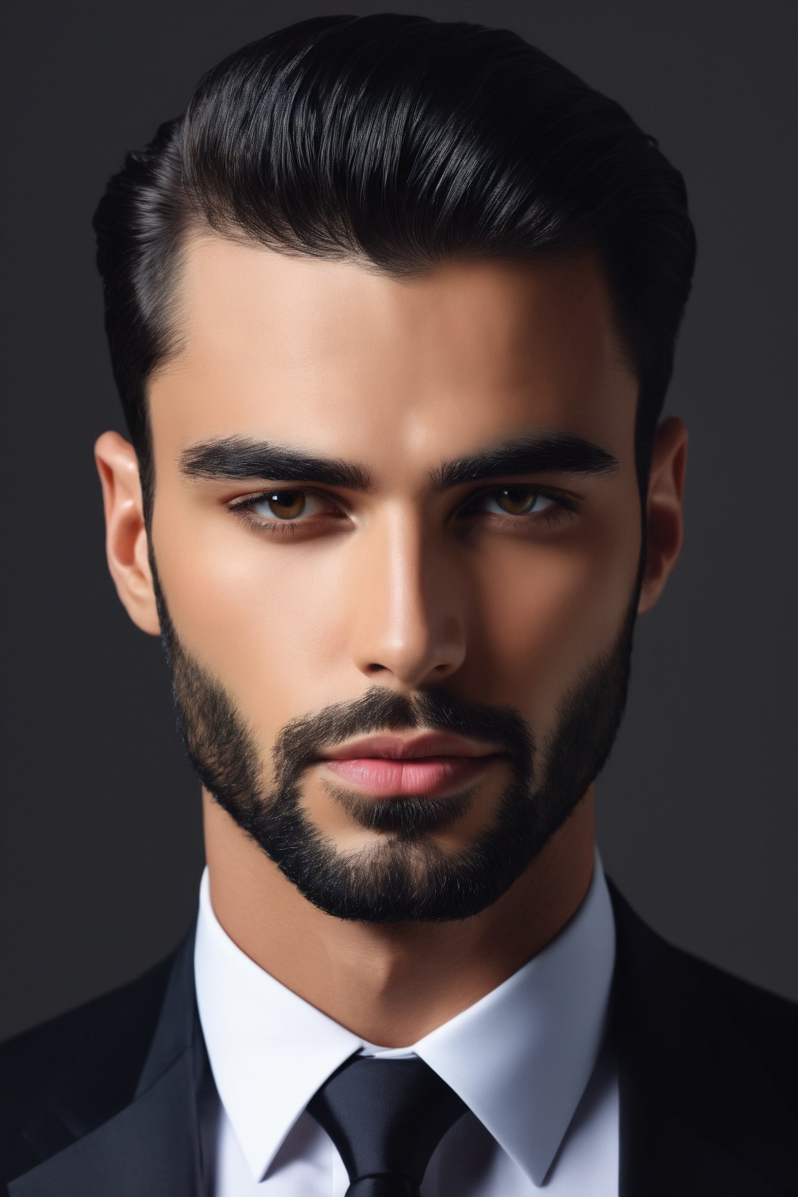stylish man portrait,professional,dapper gentleman,confident and charismatic,strong jawline and sharp cheekbones,intense stare and piercing eyes,sleek black suit and tie,fashionable hairstyle and well-groomed beard,impeccable sense of style,artistic lighting and dramatic shadows,vibrant and rich colors,high-resolution and ultra-detailed rendering,photorealistic artistry,attention to fine details and textures,modern and sophisticated vibe,subtle hints of vintage charm,striking composition and captivating pose,graceful and confident body language,expressive and captivating facial expression,artistic interpretation with a touch of surrealism
