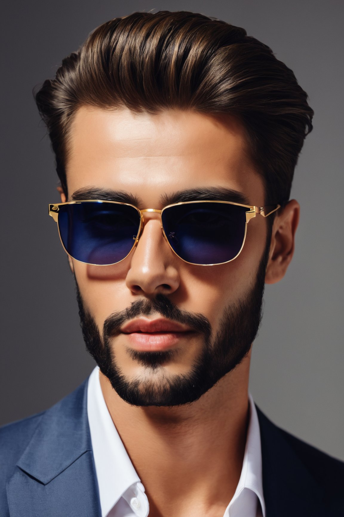 (realistic:1.2),visually stunning portrait,man with a stylish and confident expression,wearing trendy sunglasses,detailed facial features,meticulously styled hair,impeccable grooming,striking composition,captivating lighting,subtle shadows and highlights,vivid colors.