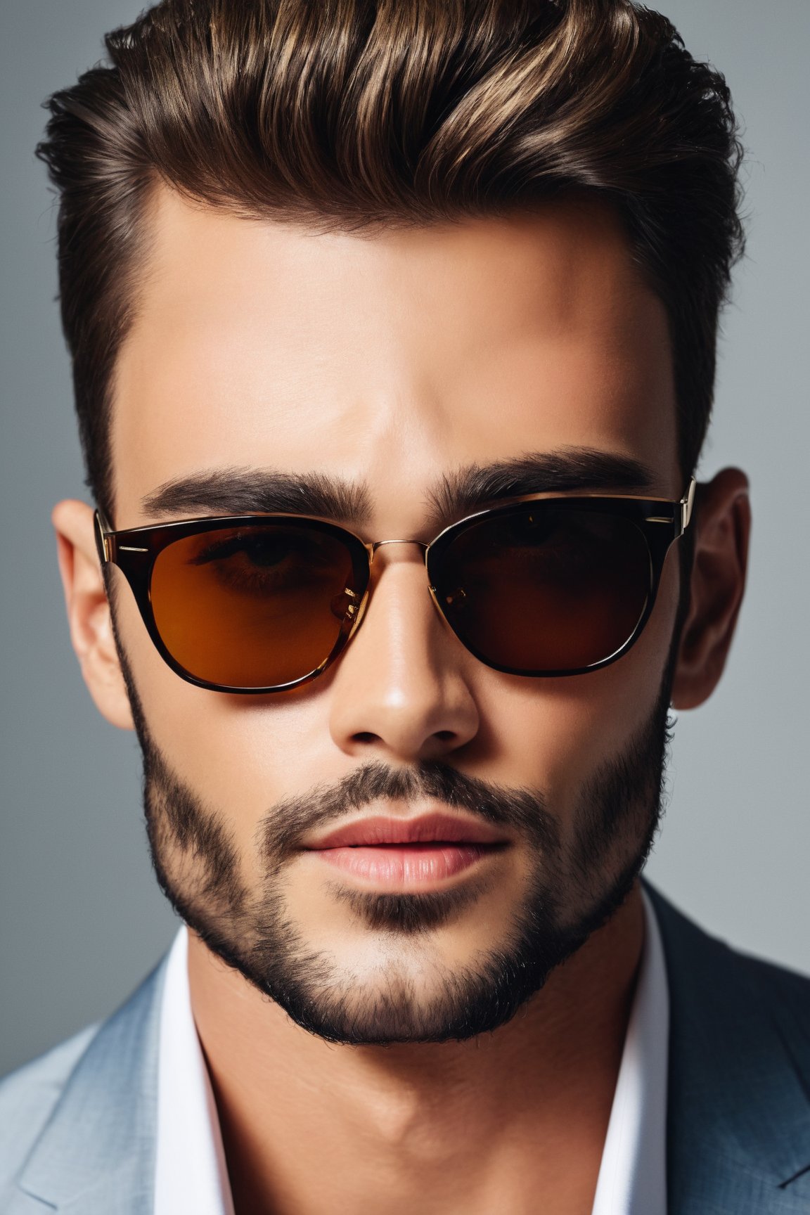 (realistic:1.2),visually stunning portrait,man with a stylish and confident expression,wearing trendy sunglasses,detailed facial features,meticulously styled hair,impeccable grooming,striking composition,captivating lighting,subtle shadows and highlights,vivid colors.