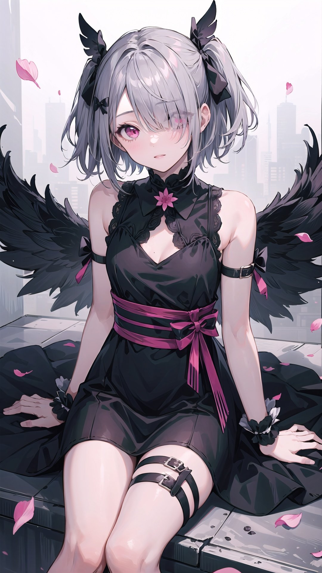  1girl, dress, solo, black dress, sitting, wings, black bow, looking at viewer, hair bow, bow, thigh strap, sleeveless dress, short hair, wrist cuffs, sleeveless, hair over one eye, two side up, bare shoulders, petals, small breasts, pink eyes, breasts, grey hair