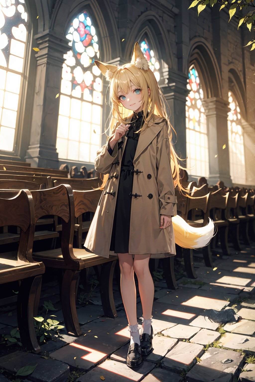  1girl, solo, loli, petite, light_smile, blonde_hair, long_hair, dress, (beige_coat:1.2), (closed_mouth), faint_smile, straight_hair, (glowing_eyes), wind_lift, hair_lift, 
(outdoors), stone_road, branches, (leaves), head tilt, (looking at viewer), straight-on, (full_body), white_socks, (fox_ears), (fox_tails), green_eyes,
foreground_bushes, (bushes), tree, forest, sunshine, tyndall_effect,(church:1.2),(stone_road), (cobblestone), (sunshine), (sunset), (dawn), holding_bread, 
((masterpiece)), (highres), (best_quality), (highly_detailed), (original),(Delicate background),(extremely detailed 8K wallpaper),cinematic lighting, volume lighting, light particles, (backlighting), beautiful_detailed_eyes,child