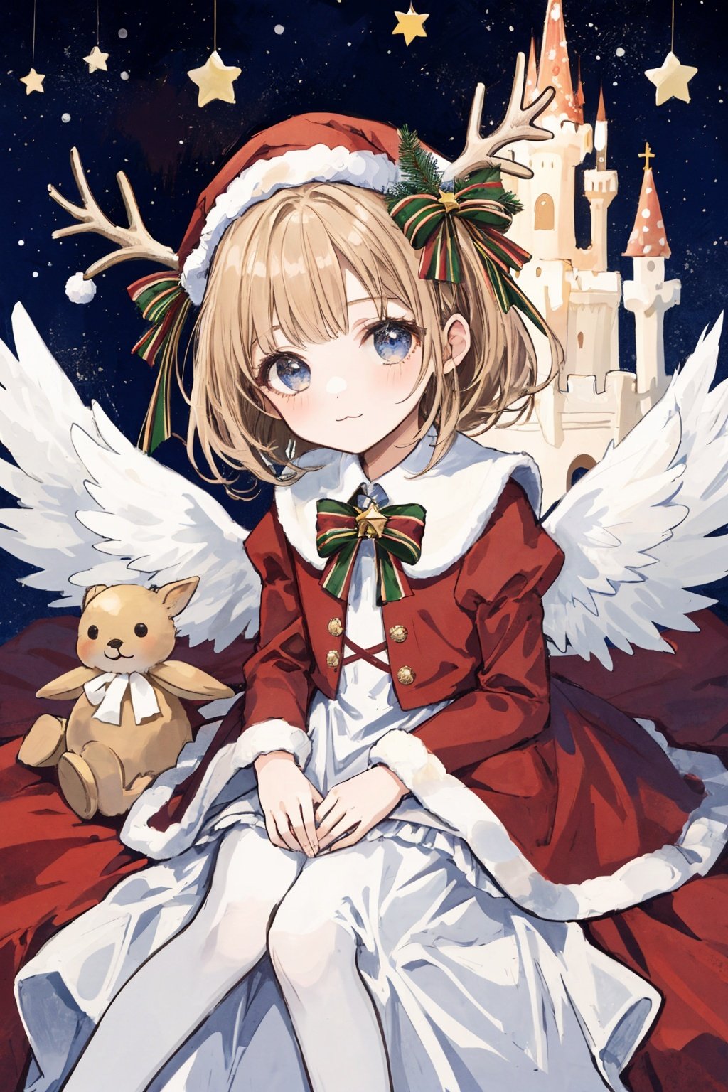  1girl, solo, :3, christmas party, angel costume, frills, bell, star, clouds, dynamic angle, lolita, castle, sitting on a big star, magic, long dress, chibi, deer antler, simple background, simple drawing,