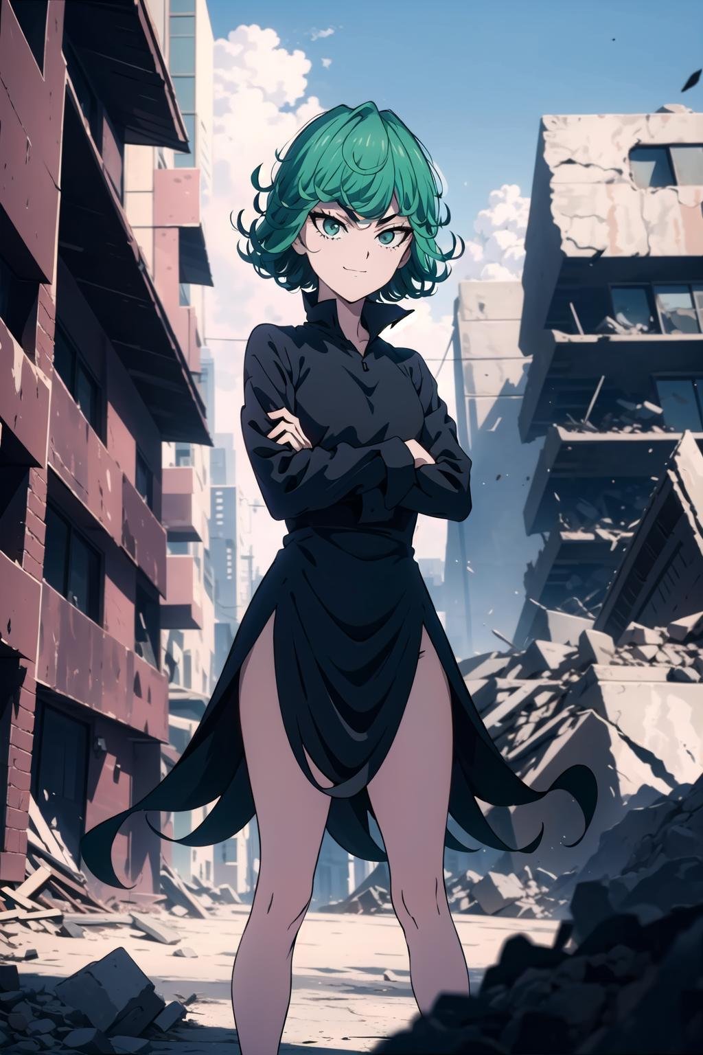 absurdres, highres, ultra detailed, <lora:TatsumLora_3-000017:1>, tatsumakitornado, short green hair, curly hair, black dress, long sleeves, outdoors, city, rubble, destruction, fire, standing, legs apart, crossed arms, cowboy shot, from below, looking at viewer, smirk, smug