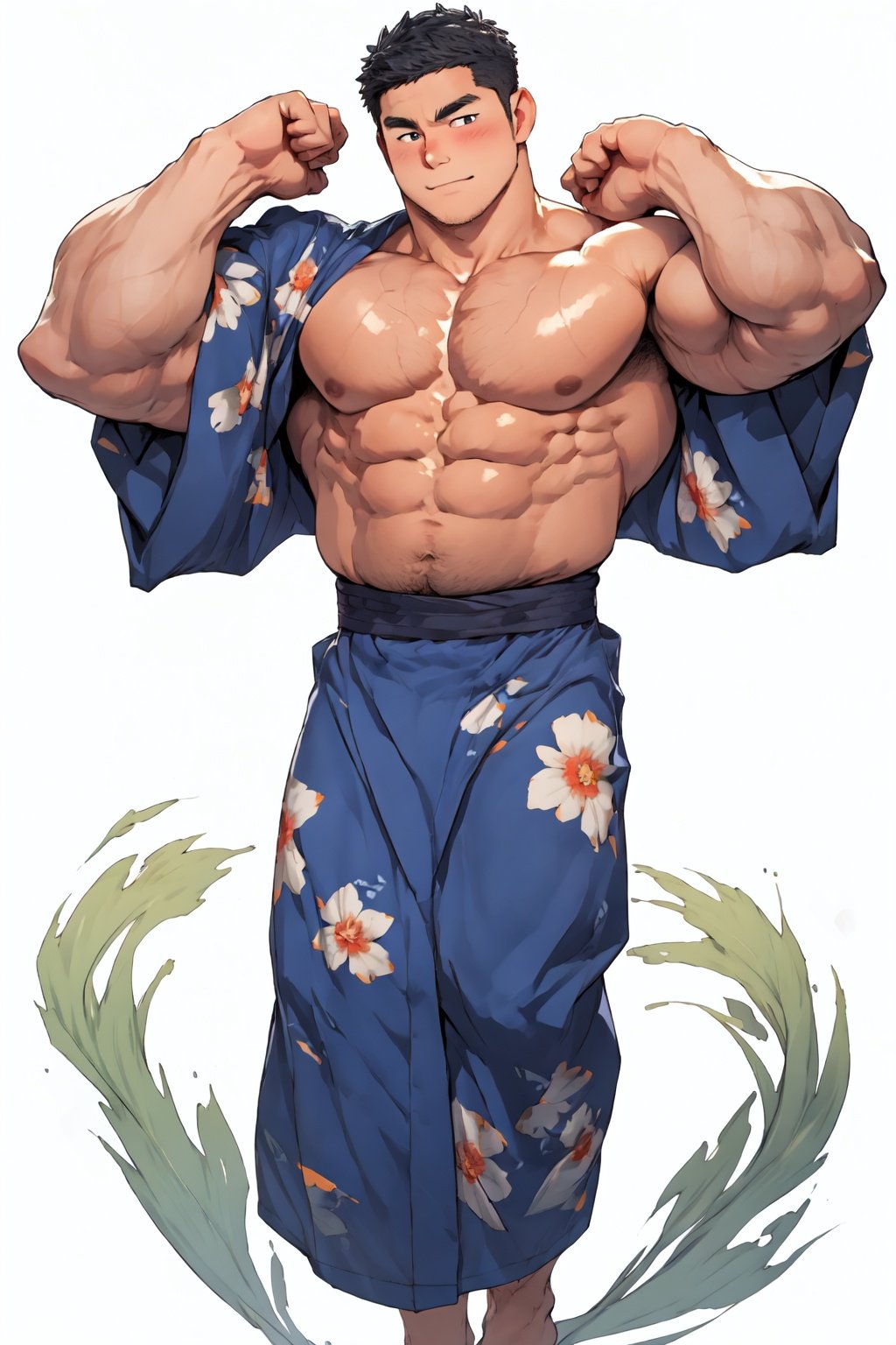  Masterpiece, anime,8k,best quality, minimalist, simple graphics, looking at viewer,A japanese man, cute man, round face, youth,(fat:1.2),300 pounds fat, short-hair ,topless,（open clothes),full body, gay, sexy, blushing, ,fairy tale style, Hot spring background ,Muscular Male,THICK, ARMS,Bara,Thick arms,thick thighs,niji5, M-YUKATA
