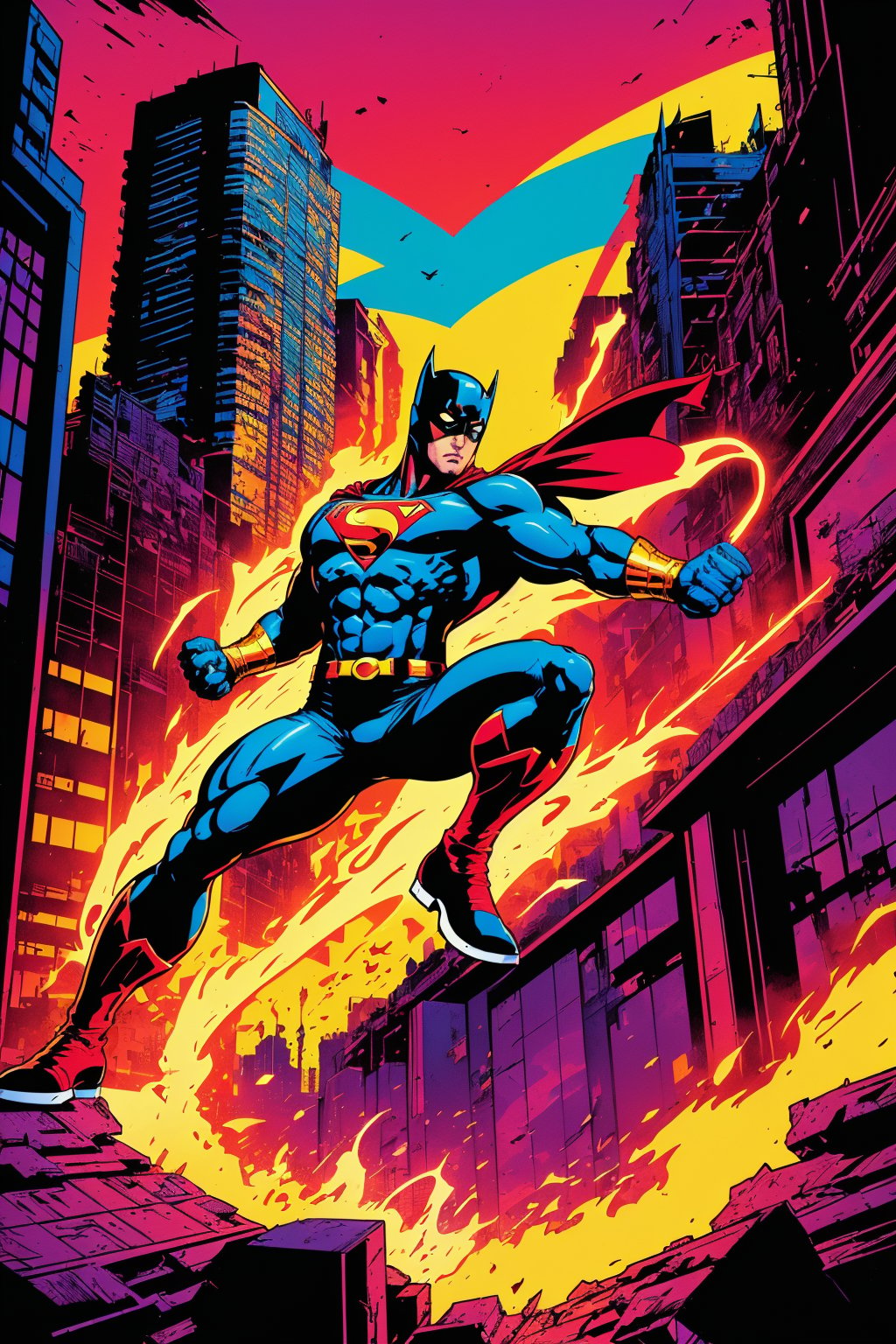 (ultra-detailed, vivid colors, highres:1.2), vector illustration, superhero, muscular hero, flying cape, powerful stance, dynamic pose, intense action, energy blasts, epic battle, city skyline, dramatic lighting, comic book style, bold lines, vibrant colors, dramatic shadows, intense expressions, iconic symbol.