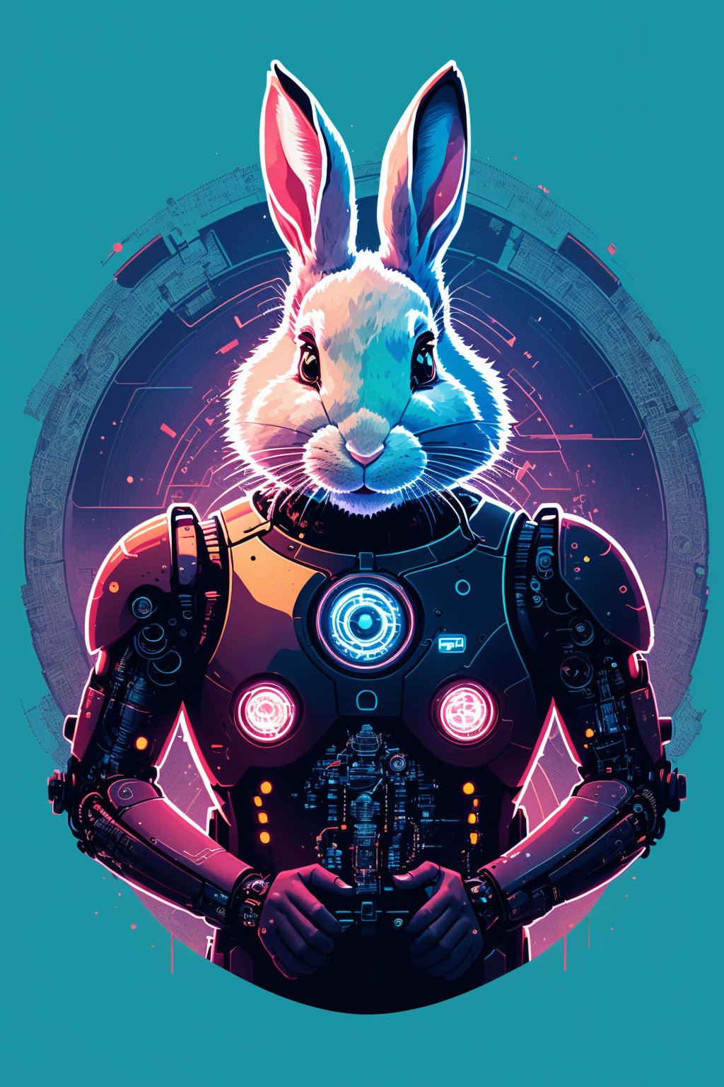 Create an (8K, high-definition resolution) vector illustration of a (male cyborg) in a (standing position). The composition should achieve (perfect centralization) with the character (Donnie's rabbit) by his side. The cyborg is (centered) and (facing the camera) with a gaze that signifies (nearing perfection). Yet, there's a sense of (sadness) and (despair) evident in his expression. The illustration should depict the cyborg's (full body) with his (hands on his head), conveying an (abstract beauty) in a (dynamic) and (highly detailed) style. The image should have (smooth) and (sharp focus) to capture intricate details, creating an impressive and emotionally charged piece of (illustration).
