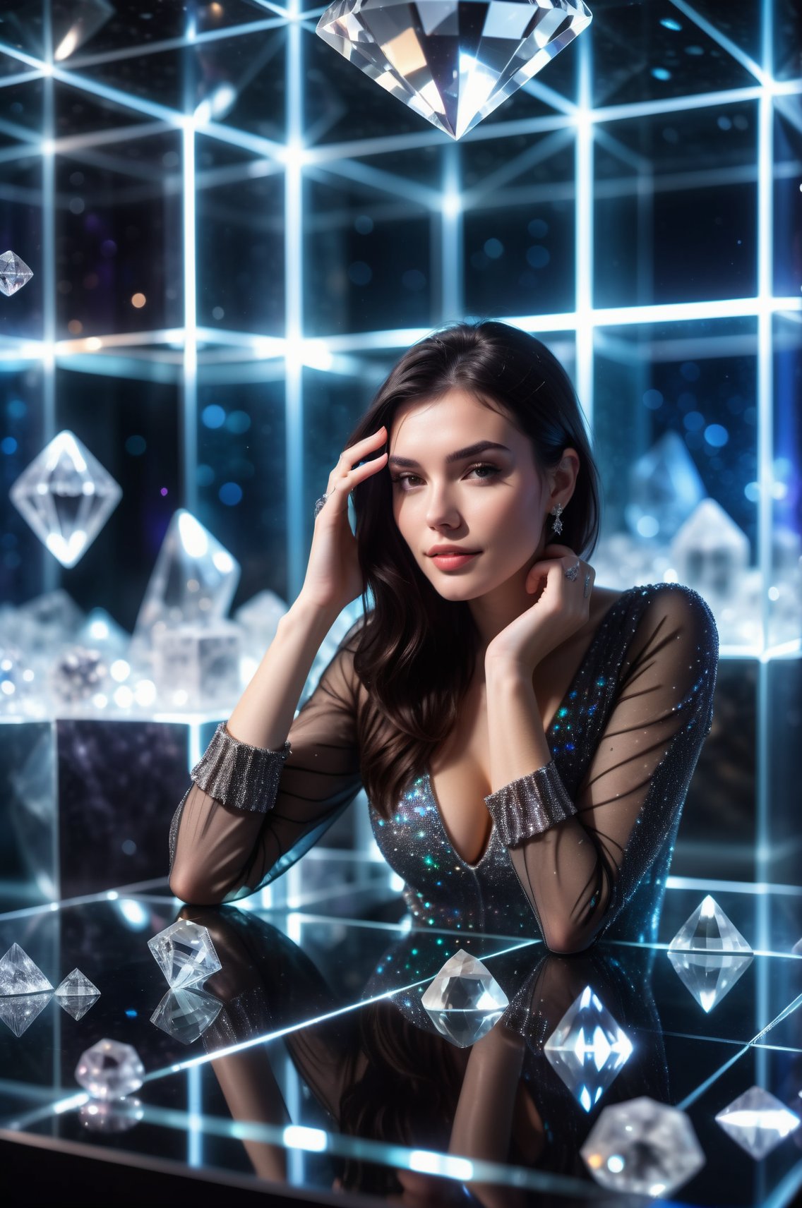 1girl European dark hair chilling in the crystal museum cube, diamond material, twinkle glow, depth of field, bokeh background,