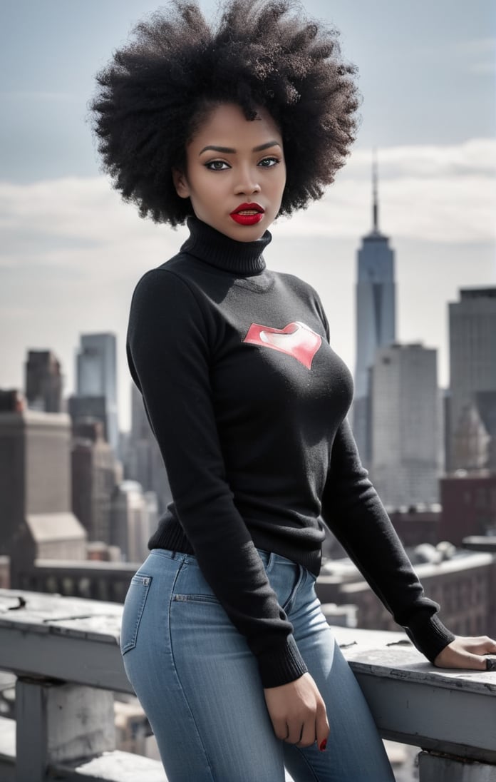 indy comic book art, black and white with red accents, african american woman, afro, lips pursed, looking at hand, hand out, oozing cool, turtleneck sweater, blue jeans, on rooftop, nyc skyline, 