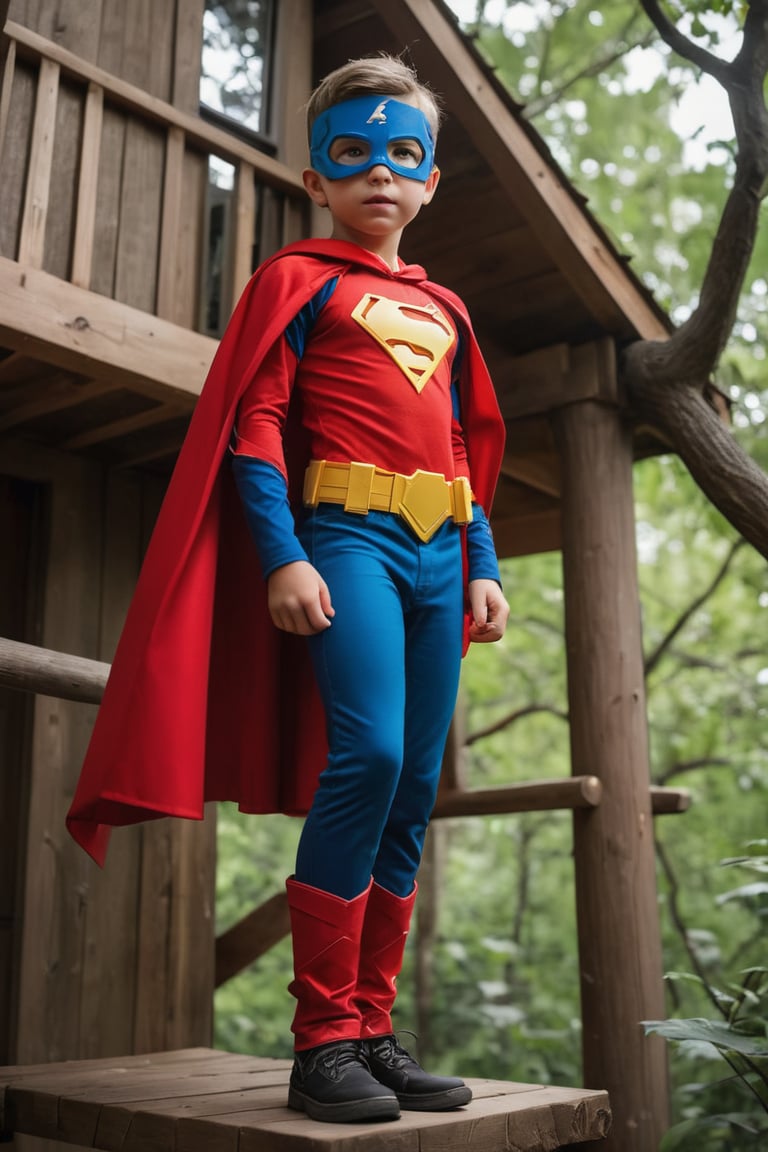 a boy child dressed up as at home superheroes, superhero mask, cape, utility belt, lightning bolt on chest, standing in treehouse, treehouse, from below, tree, waist up framing,