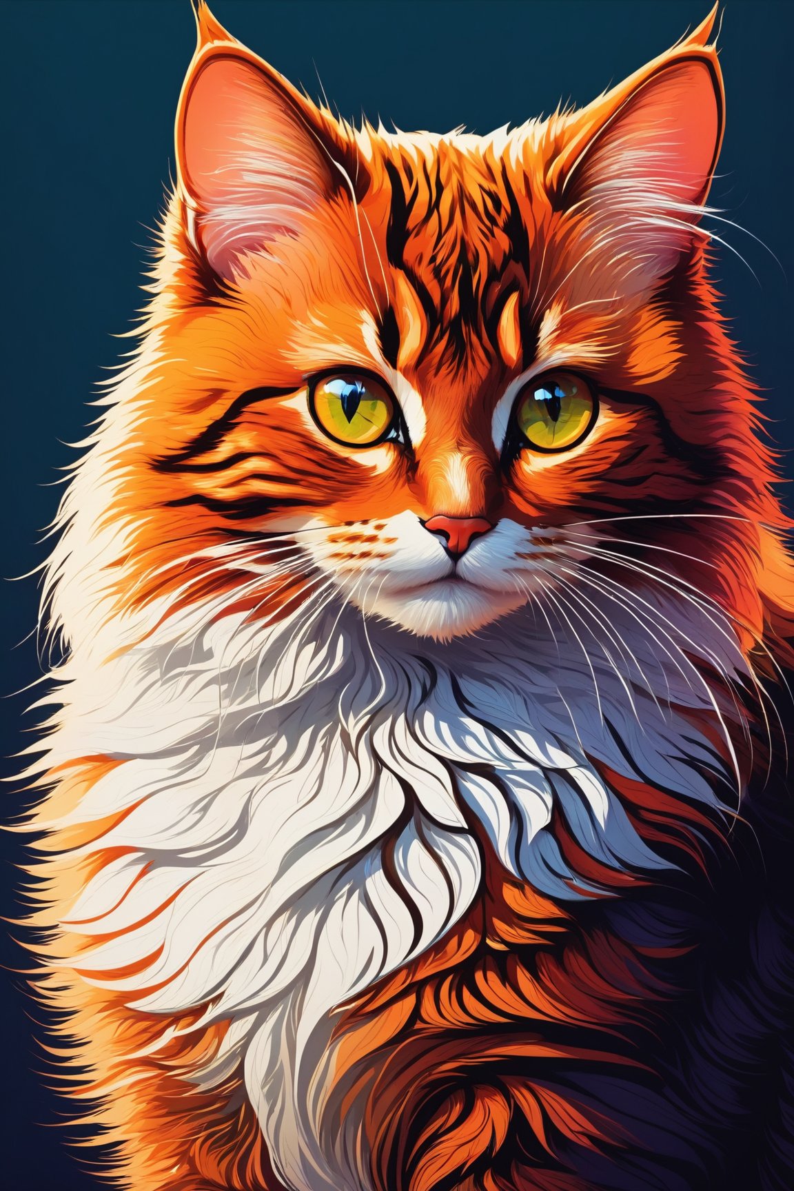 cat, vector illustration, highly detailed fur, playful pose, curious expression, piercing eyes, fluffy whiskers, pointed ears, striking colors, realistic shading, soft textures, professional artwork, colorful background, artistic composition, subtle shadows, vivid colors, exquisite details, rich contrast, precise lines, impressive realism, unique style, beautifully rendered, eye-catching, meticulous attention to detail, skilled craftsmanship, creative interpretation