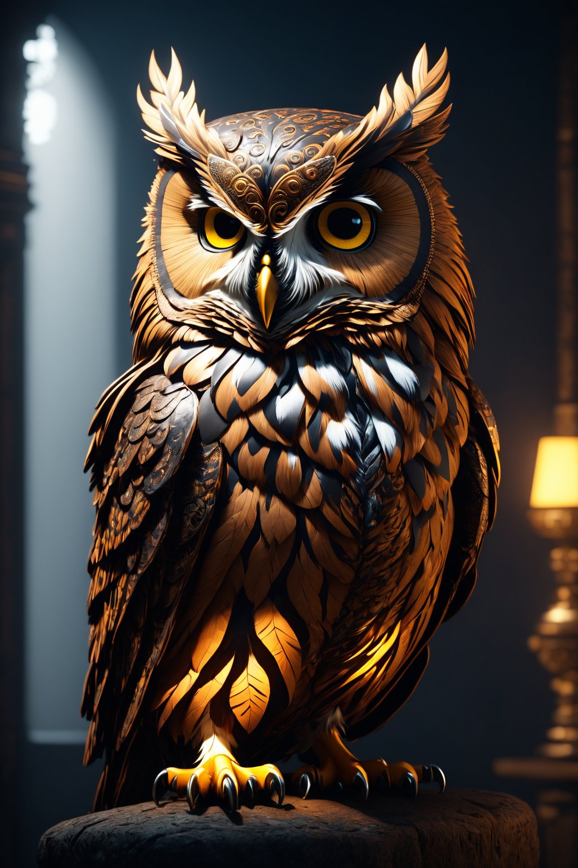 (best quality, 3D, high-res), (cinematic lighting, octane render), Behold a stunning 3D masterpiece featuring an intricately detailed owl with a decorative headdress, illuminated by cinematic lighting, and rendered with the exquisite precision of Octane Render.