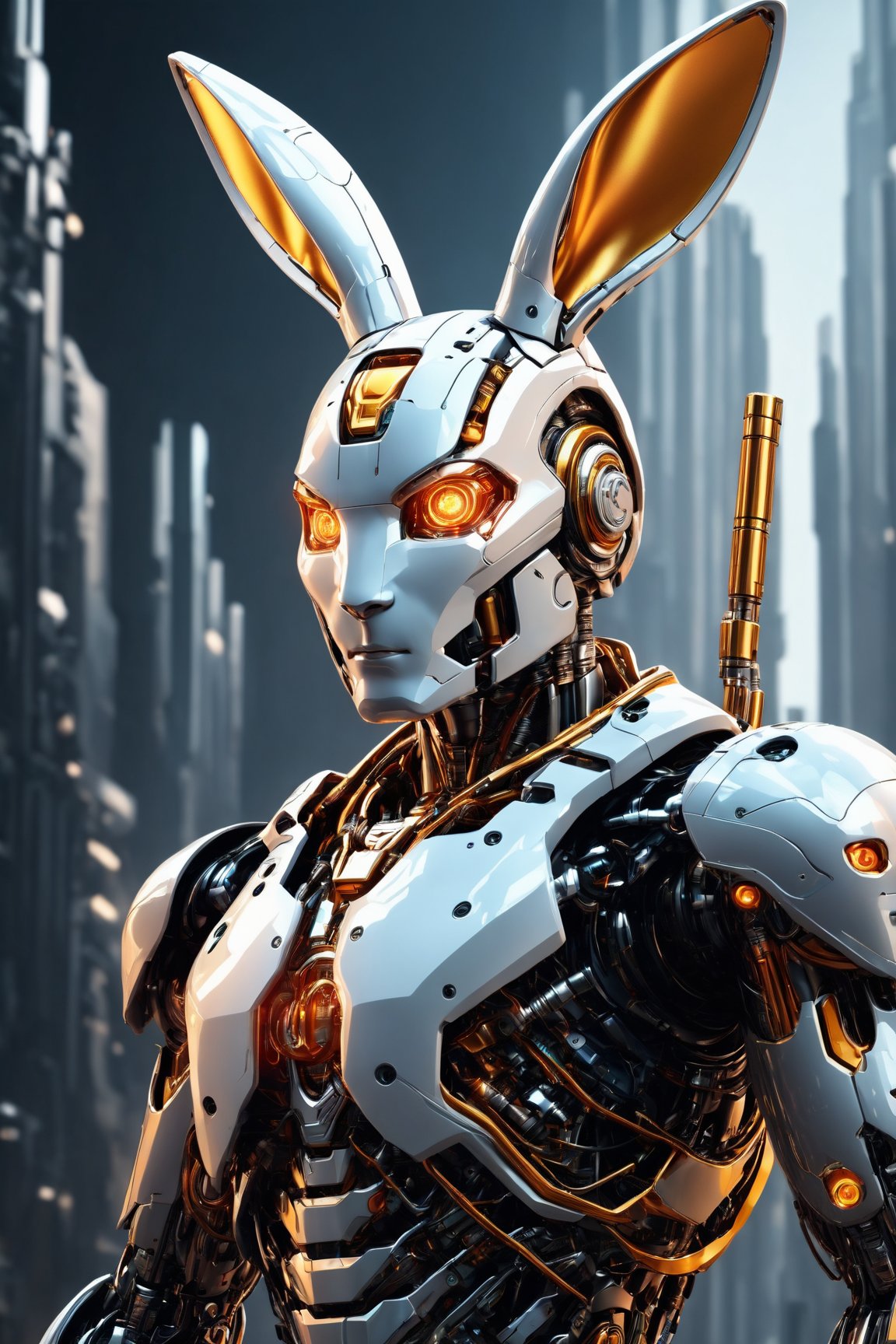 Create an (8K, high-definition resolution) vector illustration of a (male cyborg) in a (standing position). The composition should achieve (perfect centralization) with the character (Donnie's rabbit) by his side. The cyborg is (centered) and (facing the camera) with a gaze that signifies (nearing perfection). Yet, there's a sense of (sadness) and (despair) evident in his expression. The illustration should depict the cyborg's (full body) with his (hands on his head), conveying an (abstract beauty) in a (dynamic) and (highly detailed) style. The image should have (smooth) and (sharp focus) to capture intricate details, creating an impressive and emotionally charged piece of (illustration).