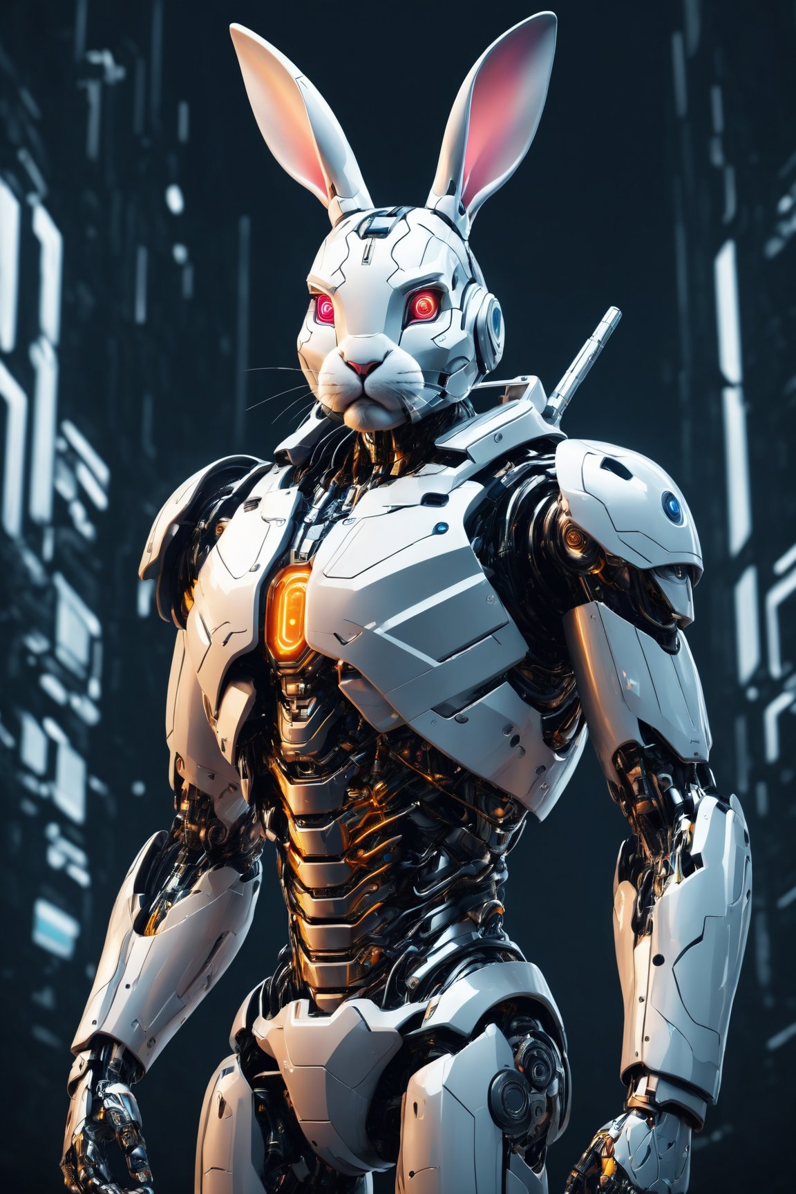 Create an (8K, high-definition resolution) vector illustration of a (male cyborg) in a (standing position). The composition should achieve (perfect centralization) with the character (Donnie's rabbit) by his side. The cyborg is (centered) and (facing the camera) with a gaze that signifies (nearing perfection). Yet, there's a sense of (sadness) and (despair) evident in his expression. The illustration should depict the cyborg's (full body) with his (hands on his head), conveying an (abstract beauty) in a (dynamic) and (highly detailed) style. The image should have (smooth) and (sharp focus) to capture intricate details, creating an impressive and emotionally charged piece of (illustration).