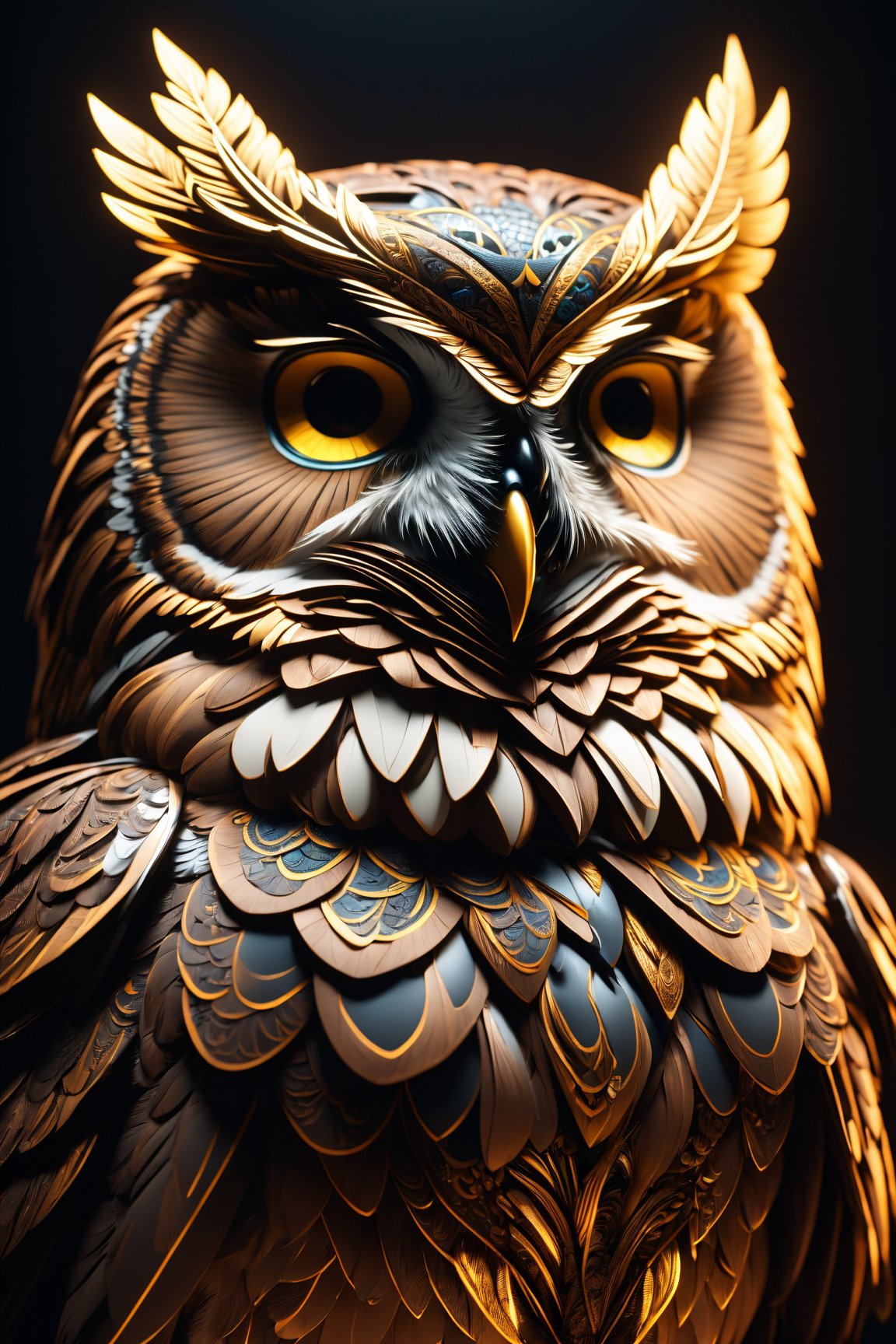 (best quality, 3D, high-res), (cinematic lighting, octane render), Behold a stunning 3D masterpiece featuring an intricately detailed owl with a decorative headdress, illuminated by cinematic lighting, and rendered with the exquisite precision of Octane Render.