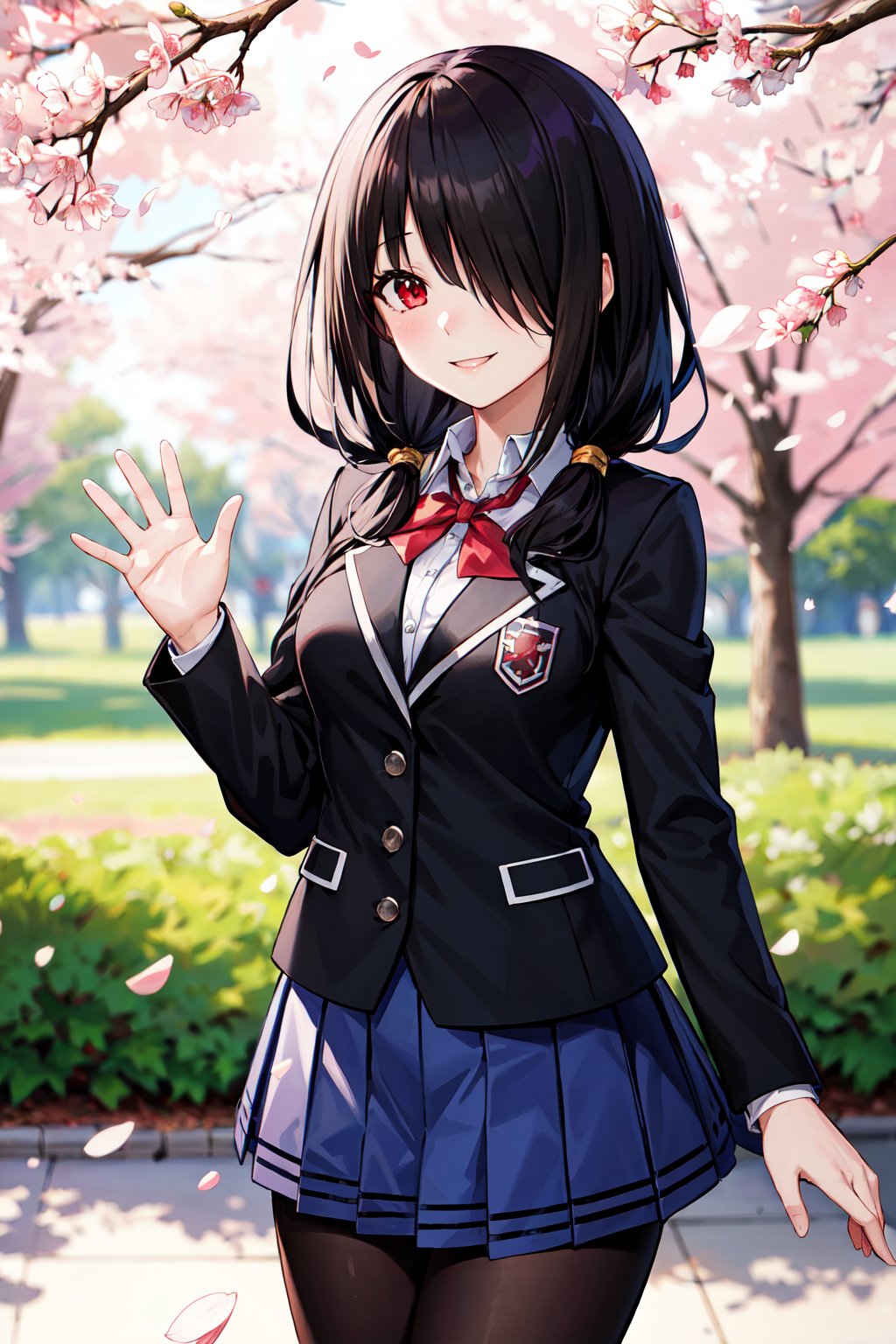 masterpiece, best quality, highres, 1girl, bbkurumi, long hair, hair over one eye, low twintails, school uniform, black jacket, pleated skirt, blue skirt, black pantyhose, <lora:tokisaki_kurumi_v1:0.8>, standing, outdoors, cowboy shot, smile, cherry blossoms, waving,