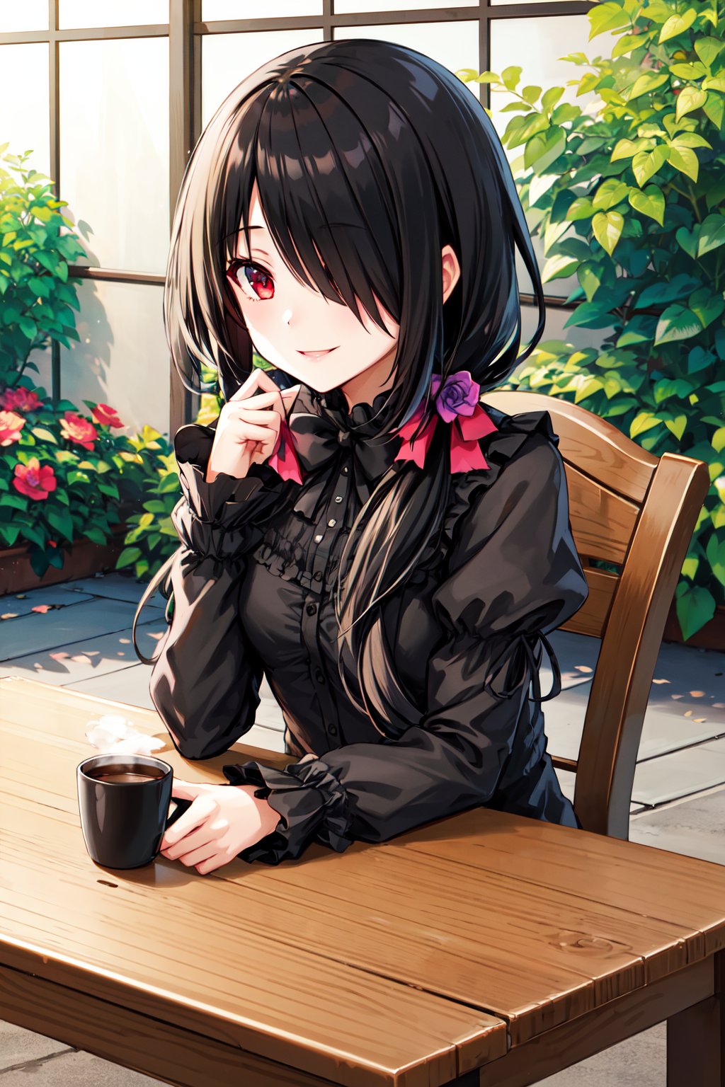 masterpiece, best quality, highres, 1girl, cckurumi, long hair, low twintails, hair flower, hair over one eye, hair bow, gothic, black dress, ribbon, <lora:tokisaki_kurumi_v1:0.8>, garden, smile, sitting, table, coffee,