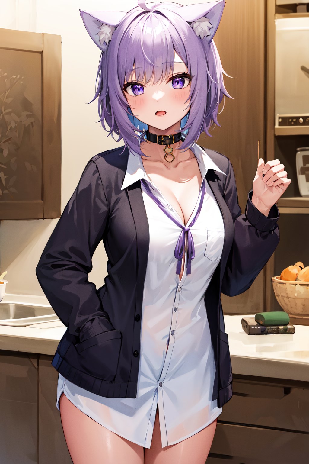 masterpiece, best quality, highres, aaokayu, short hair, ahoge, animal ears, cat tail, black collar, neck ribbon, purple ribbon, collarbone, cleavage, dress shirt, collared shirt, button gap, black jacket, open clothes, <lora:nekomata_okayu_v1:0.8>, cowboy shot, indoors, standing,