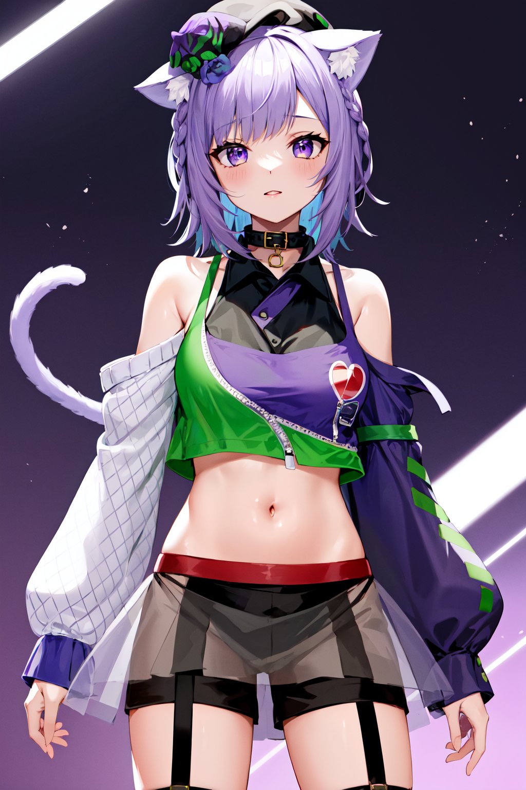 masterpiece, best quality, highres, aaokayu, short hair, ahoge, braid, (animal ears:1.1), black headwear, cat tail, collar, crop top, shoulder cutout, midriff, see-through skirt, shorts under skirt, garter straps, asymmetrical legwear, <lora:nekomata_okayu_v1:0.8>, cowboy shot, standing