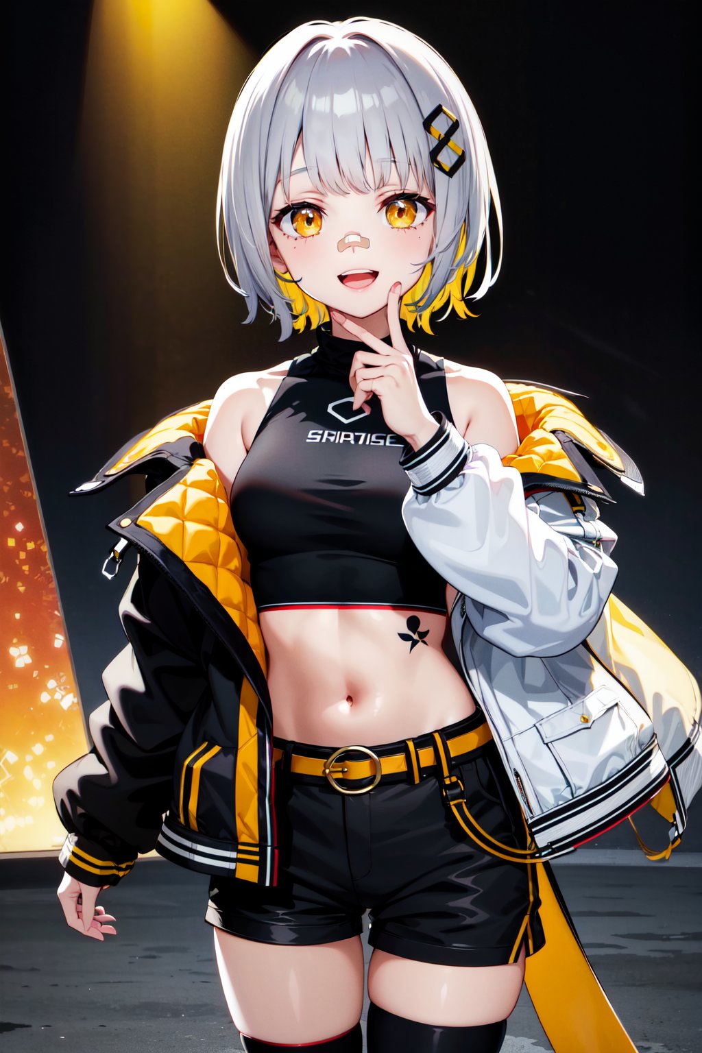 masterpiece, best quality, highres, bbhachi, short hair, multicolored hair, hair ornament, bandaid on nose, crop top, black shirt, off shoulder, tattoo, (multicolored jacket:1.1), open jacket, long sleeves, midriff, belt, (black shorts:1.1), black thighhighs, single thighhigh, <lora:hachi_v2:0.7>, smile, open mouth, standing,