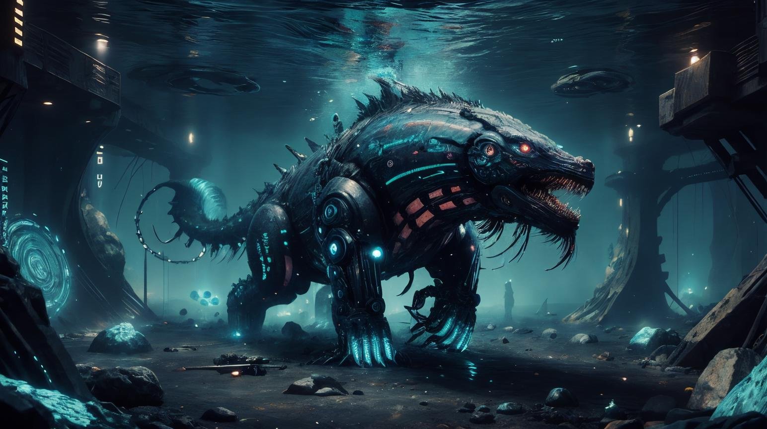 <lora:CyberpunkWorld:1>RAW Photo of CyberpunkWorld massive prehistoric sea creatures roaming the depths of an ancient ocean, cyberpunk, (Masterpiece:1.3) (best quality:1.2) (high quality:1.1)
