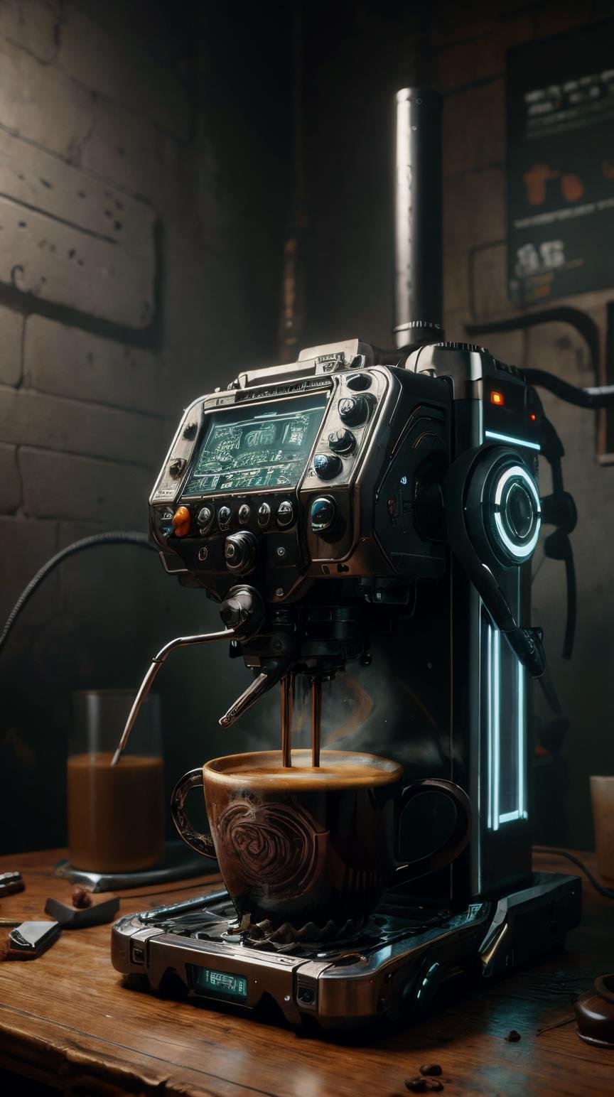 <lora:C7b3rp0nkStyle:1>RAW Photo of CyberpunkWorld coffee machine, cyberpunk style, photorealistic, (Masterpiece:1.3) (best quality:1.2) (high quality:1.1)