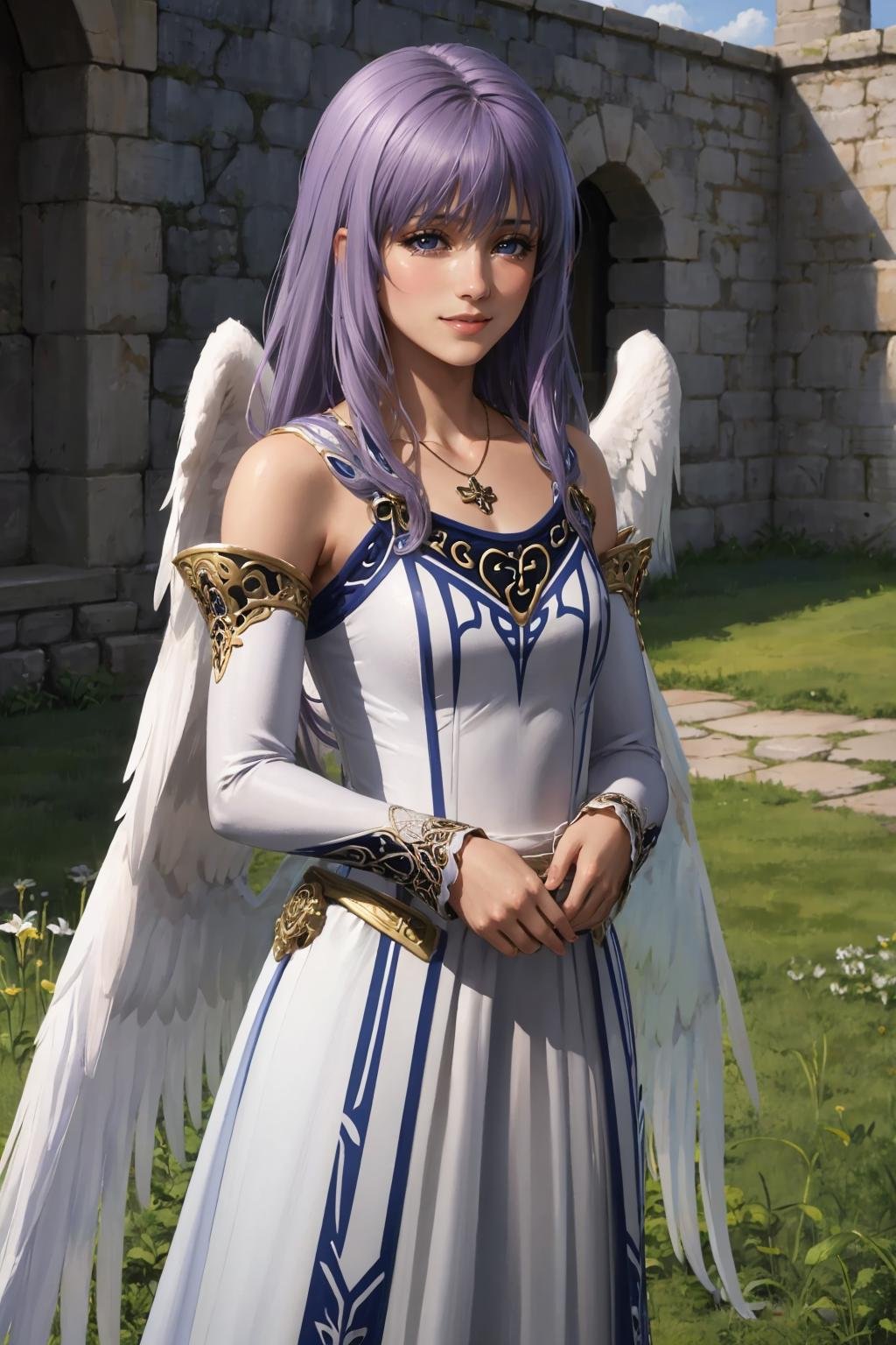 masterpiece, best quality,  <lora:reah-nvwls-v1-000009:0.9> angelreah, purple hair, angel wings, white dress, detached sleeves, necklace, sky, field, clouds, looking at viewer, hand to heart, smile, crying, indoors, stone walls, medieval architecture