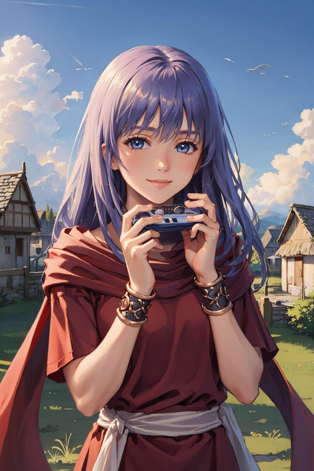 masterpiece, best quality,  <lora:reah-nvwls-v1-000009:0.9> reah, red scarf, red cloak, red dress, bracelet, looking at viewer, smile, clouds, village, blue sky, upper body, holding harmonica, looking at viewer, smile, field, village