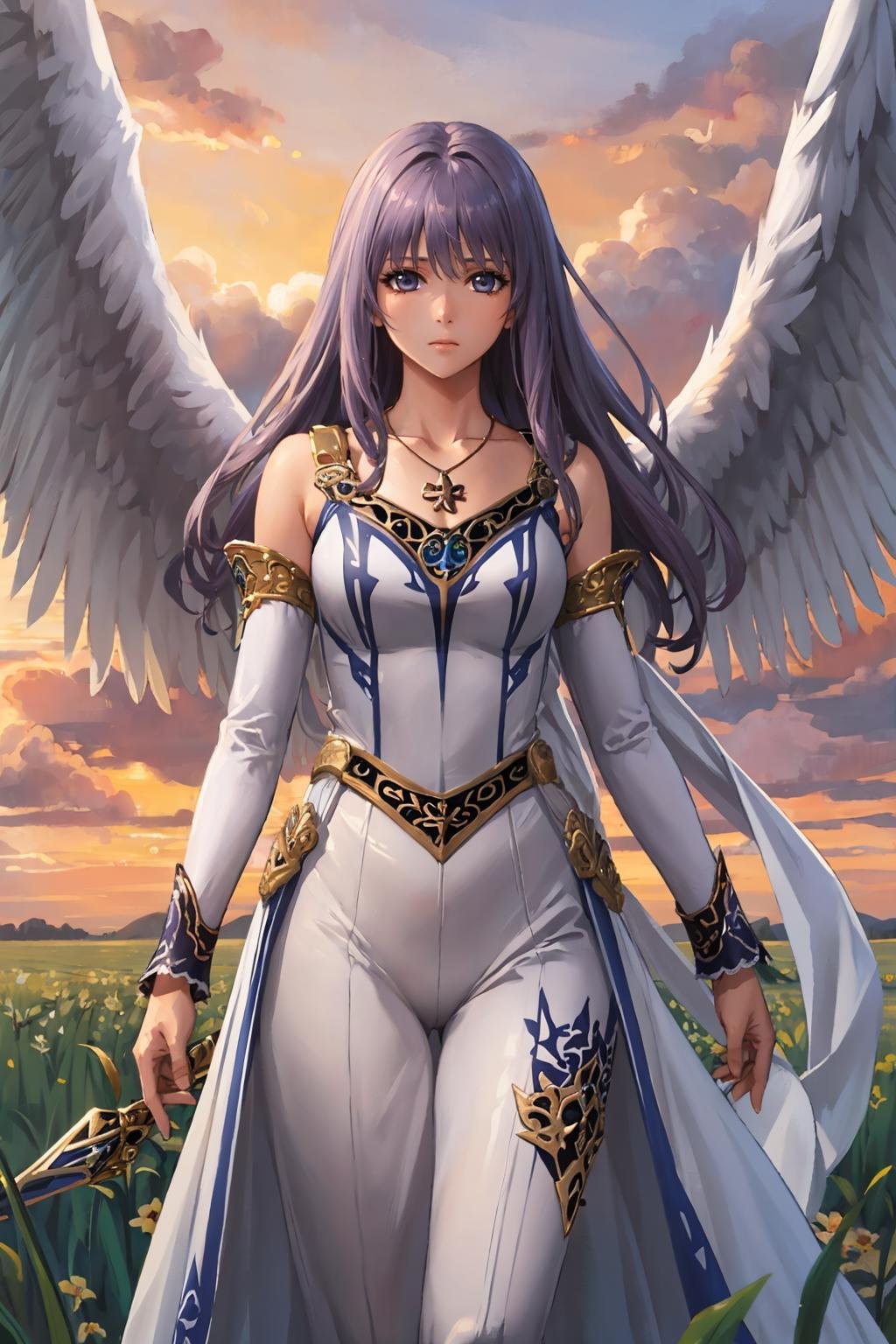 masterpiece, best quality,  <lora:reah-nvwls-v1-000009:0.8> angelreah, purple hair, angel wings, white dress, detached sleeves, necklace, sky, field, clouds, looking at viewer, dynamic pose, sad, sunset