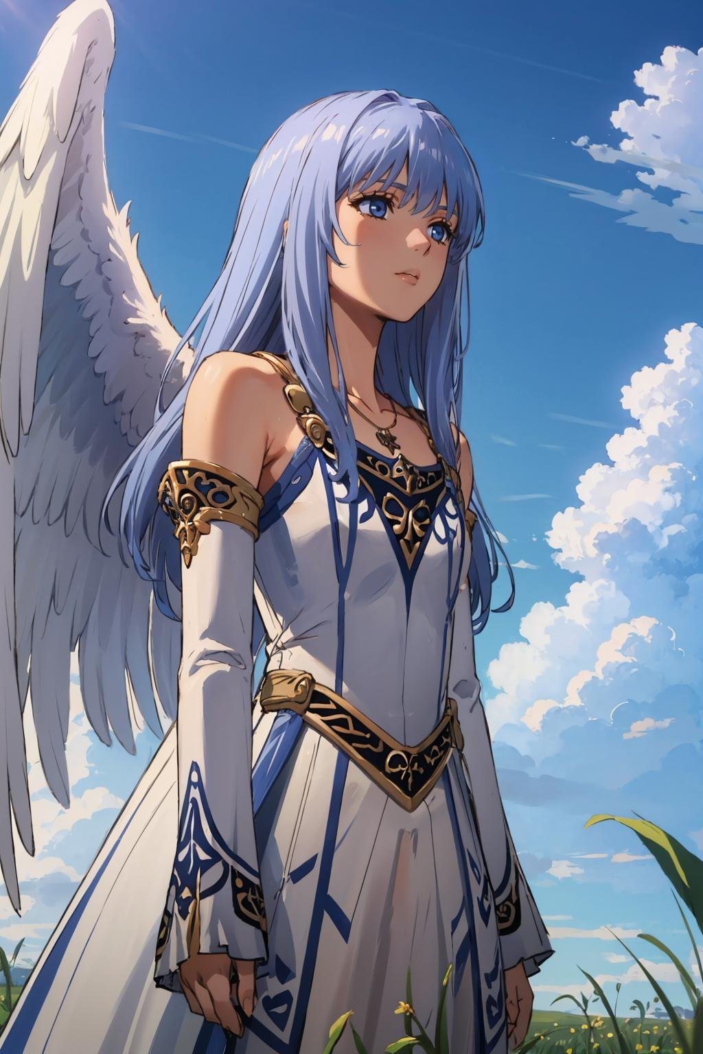masterpiece, best quality,  <lora:reah-nvwls-v1-000009:0.9> angelreah, angel wings, white dress, detached sleeves, necklace, sky, field, clouds, looking up, hand to own chest
