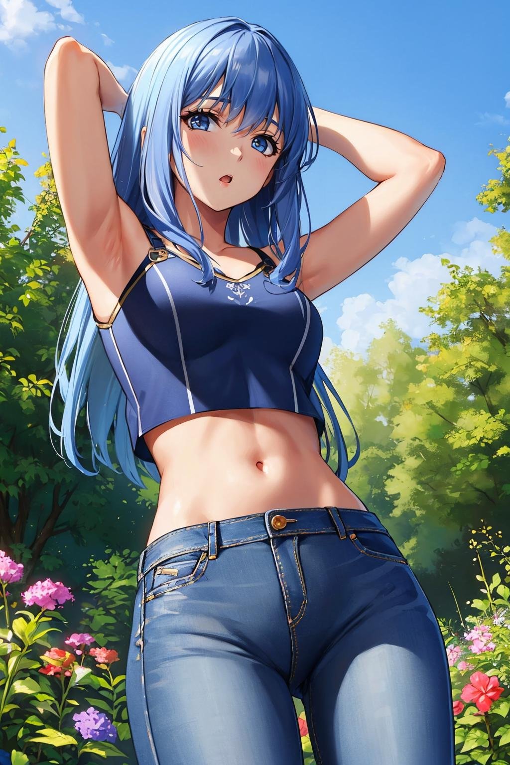 masterpiece, best quality,  <lora:reah-nvwls-v1-000009:0.9> reah, blue hair, blue crop top, jeans, midriff, looking at viewer, arms behind head, garden, :o, from below