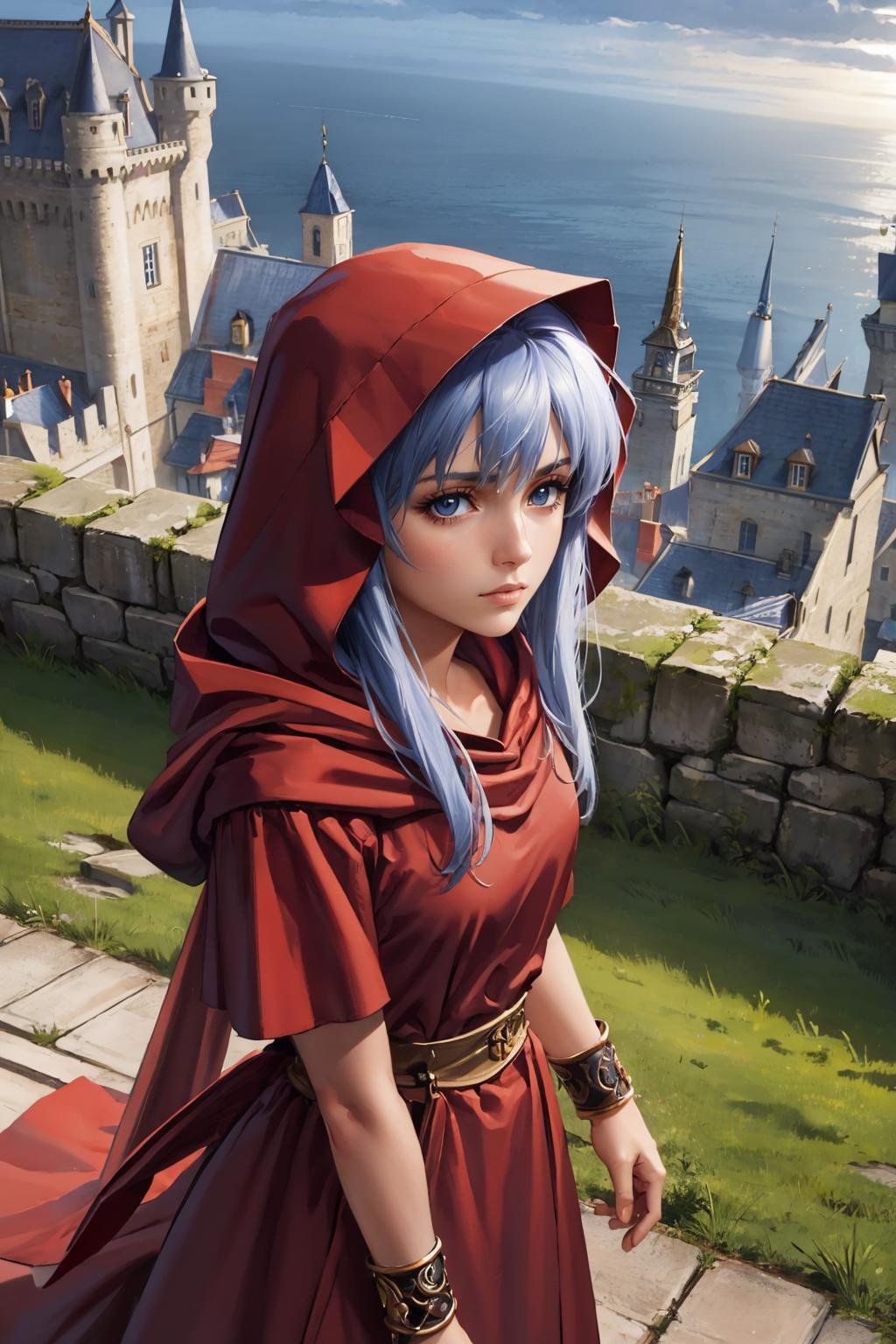 masterpiece, best quality,  <lora:reah-nvwls-v1-000009:0.9> reah, red scarf, red cloak, red dress, bracelet, looking at viewer, hood, furrowed brow, night, castle, outdoors, medieval architecture, from above