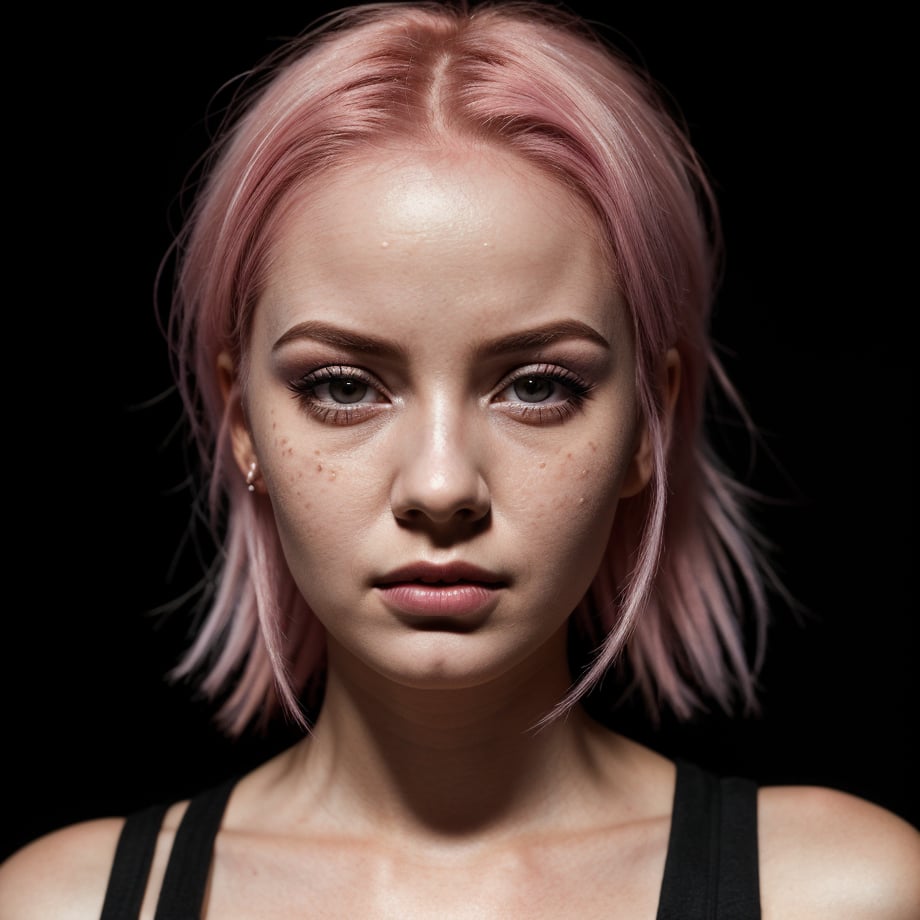 Photography,close up shot of a 23yo scared cute woman,pinkhairwearing suit in front of a black background,afraid,studio light,beautiful,pretty,detailed skin,skin pores,high contrast,photorealistic,best quality,high res,high contrast,very detailed,