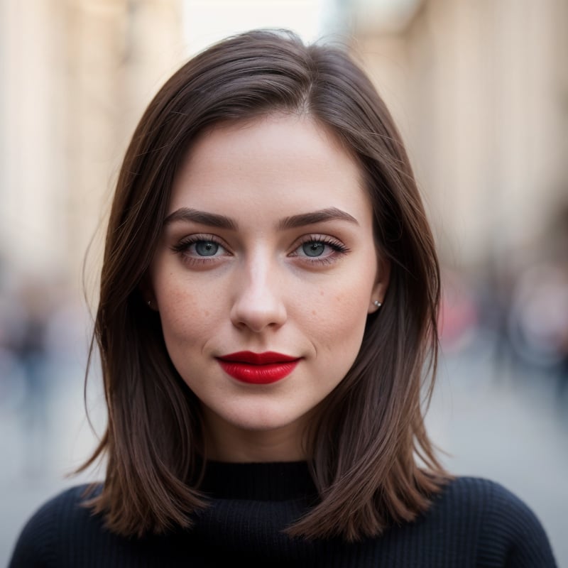 instagram photo, closeup face photo of 23 y.o Chloe in black sweater, cleavage, pale skin, Red lips (smile:0.4), hard shadows,hyper realistic,sharp focus,perfect detailed anatomy,perfect detailed face,perfect details,eyes,octane rendering,8k,masterpiece,maximum quality.wallpaper,city,depth of field,motion_blur,bokeh,raw photo,16k uhd,dslr,best quality,professional photography,cinema,ultra realistic,outdoor,film camera,DSLR,Lens Flare,Super-Resolution,(16k) uhd,realistic,8k uhd,ultra realistic,ultra quality,film grain,best quality,realistic skin texture,detail,pore,Hyperpigmentation,hair details,prague street  background,instagram photo,upper body photo,