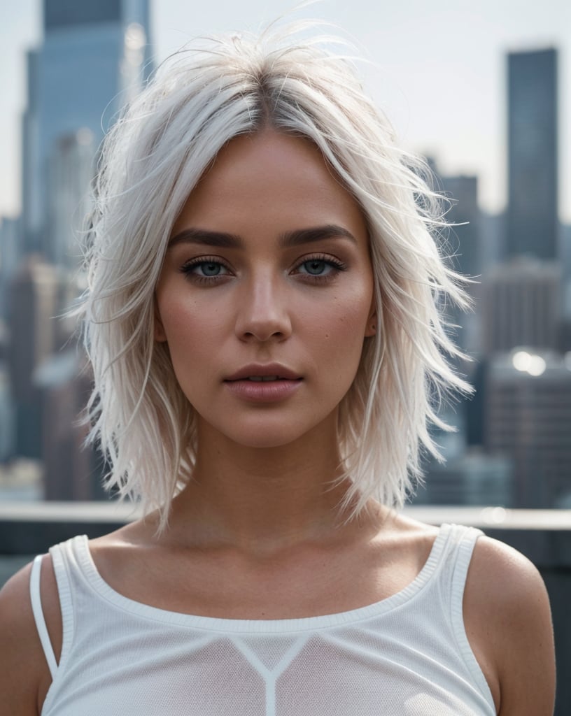 photo of a gorgeous woman),((white messy hair)),(soft even lighting),(futuristic city behind),((wearing clothes)),detailed face,detailed eyes,((close-up portrait)),masterpiece,((best quality)),(eye contact),looking at the viewer,centred,shot from front,(8K, RAW photo, best quality, masterpiece:1.2),(realistic, photo-realistic:1.4),ultra-detailed (grainy:0.2),smoke cigar,smoke,top,shorts,round face,