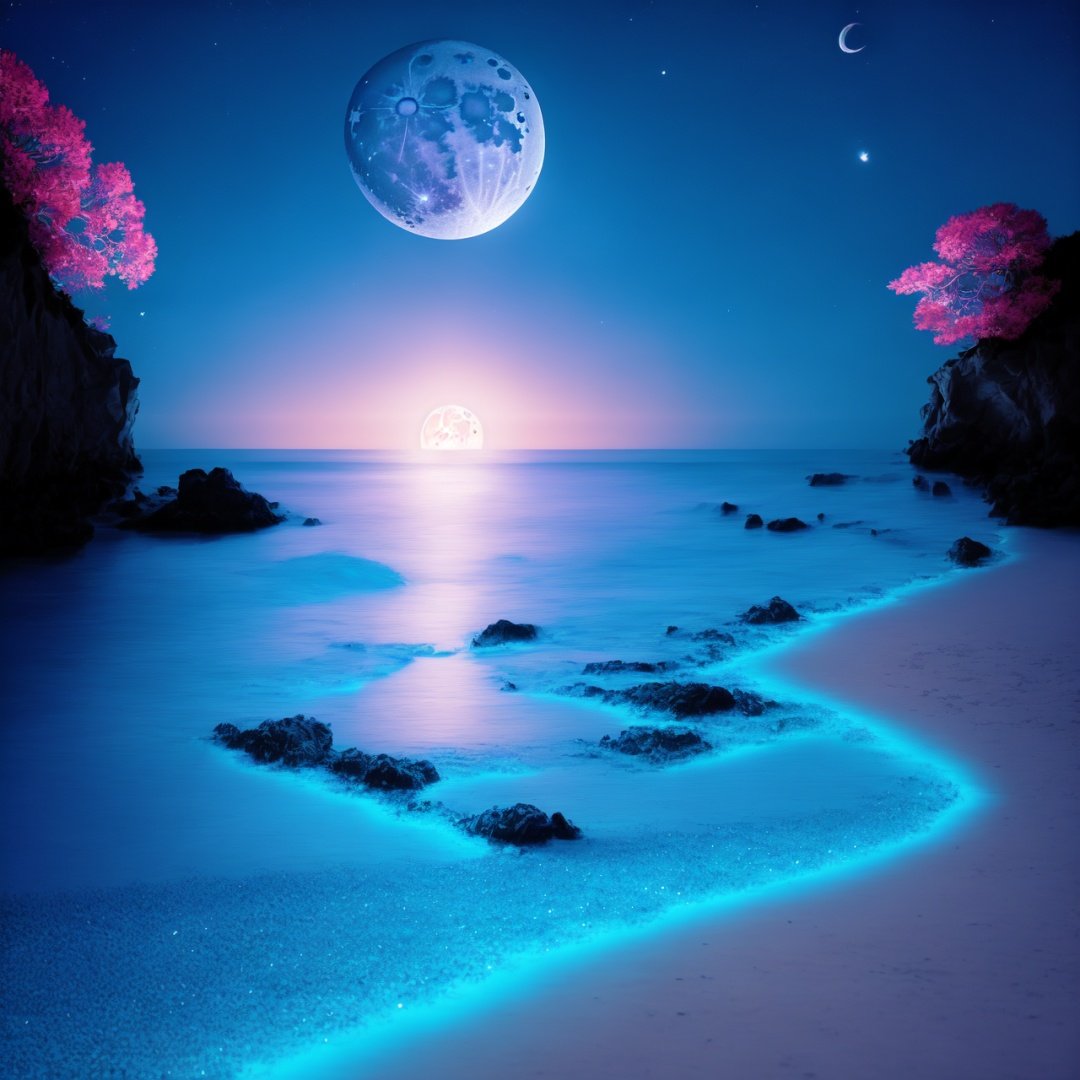  Best quality, 8k, cg,noctilucent,beach,galaxy,moon,Large Reef,moon